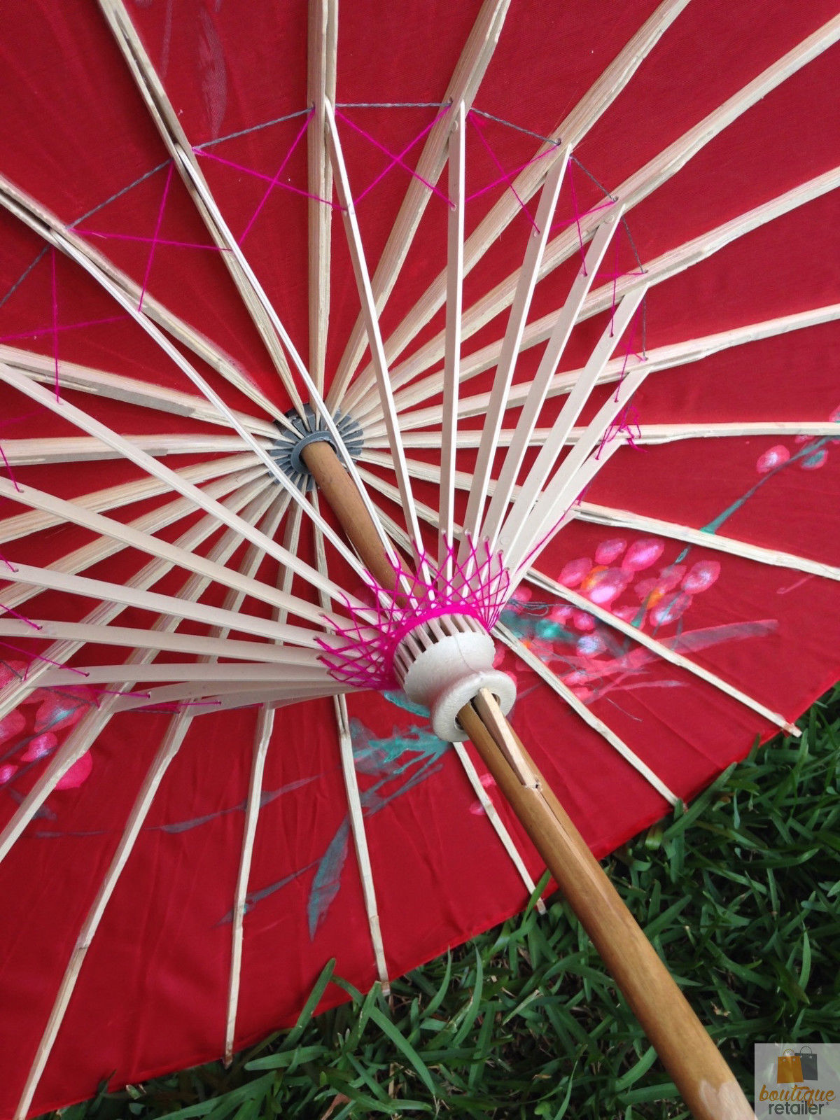 PARASOL UMBRELLA Chinese Japanese Bamboo Flower Pattern Fabric 80cm Diameter - Red 5