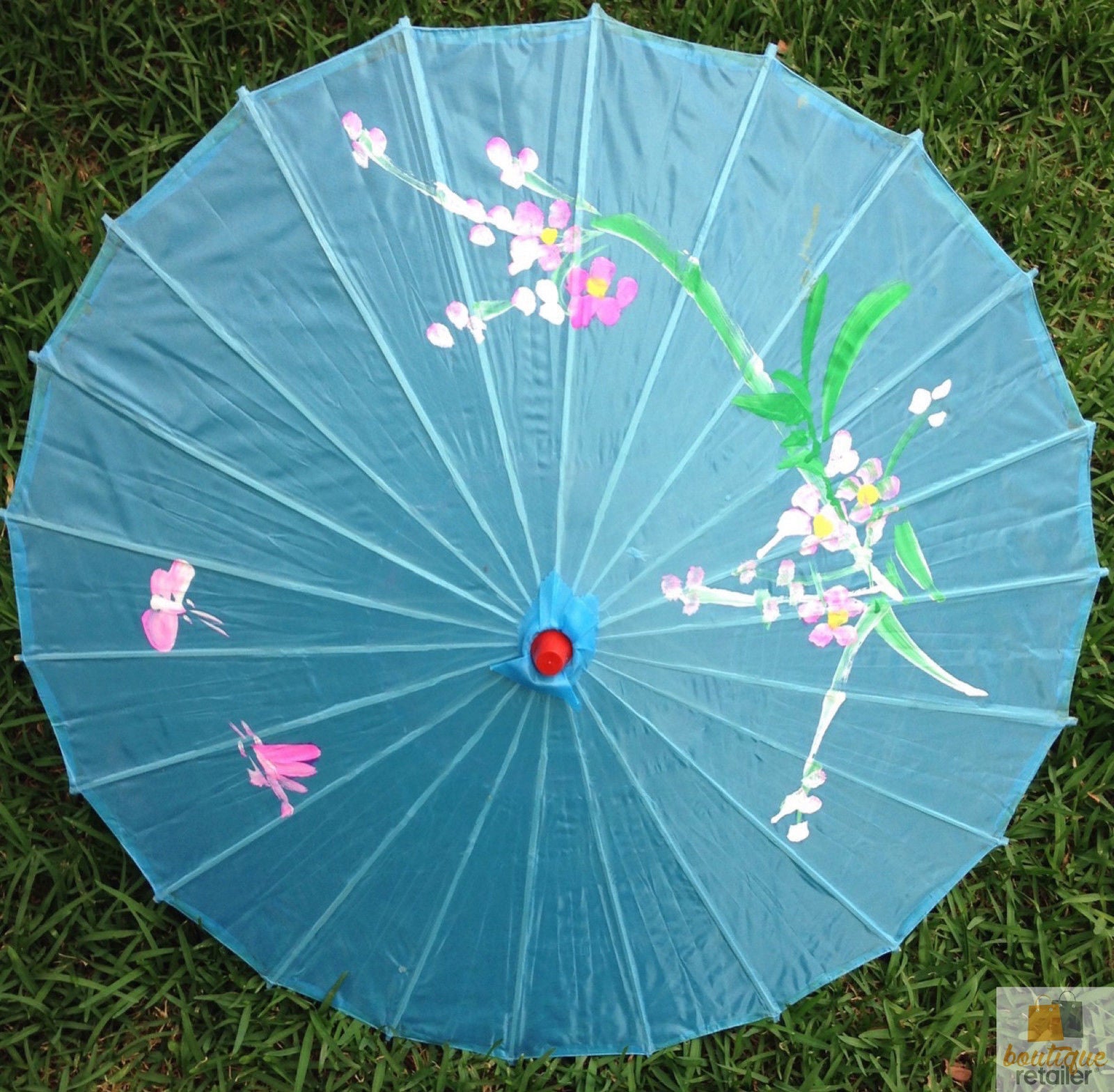PARASOL UMBRELLA Chinese Japanese Bamboo Flower Pattern Fabric 80cm Diameter - Sky Blue 3