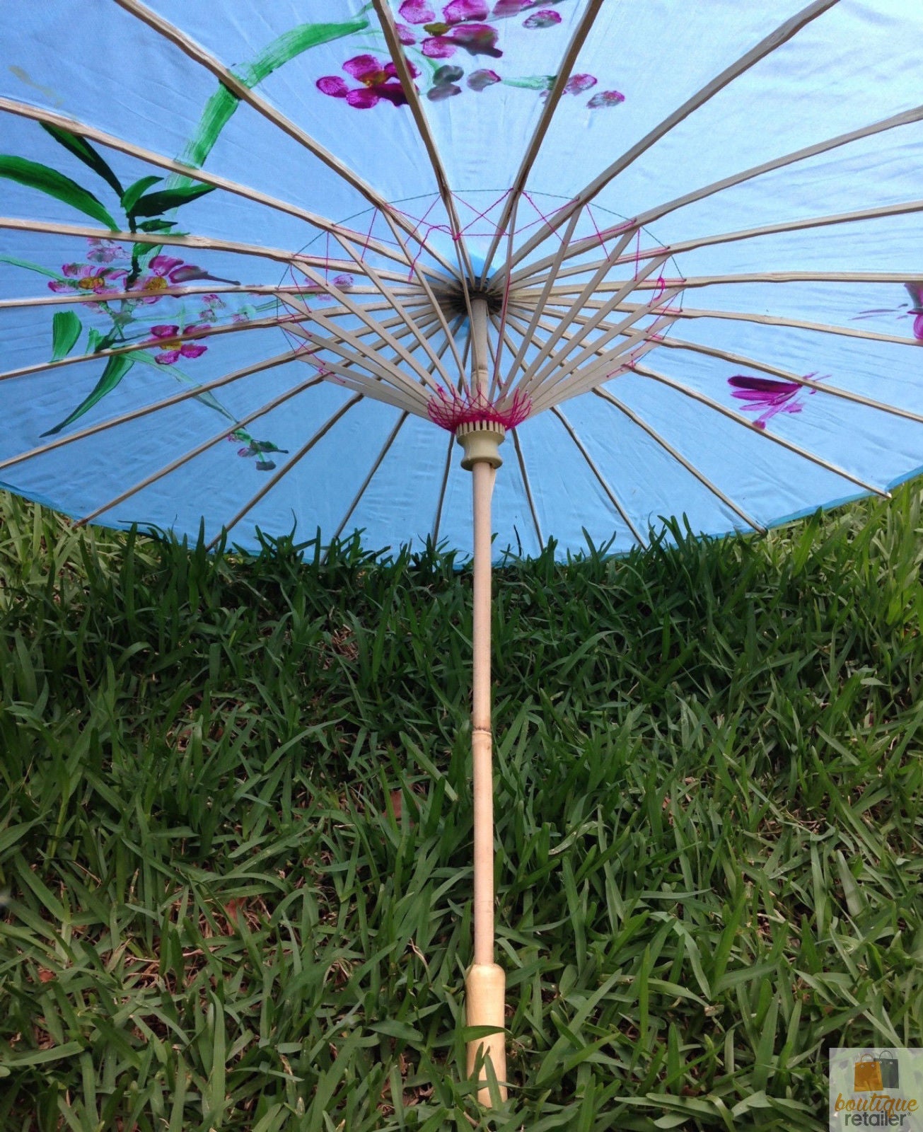 PARASOL UMBRELLA Chinese Japanese Bamboo Flower Pattern Fabric 80cm Diameter - Sky Blue 4