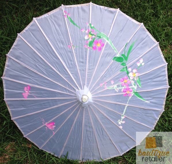 PARASOL UMBRELLA Chinese Japanese Bamboo Flower Pattern Fabric 80cm Diameter - White 3
