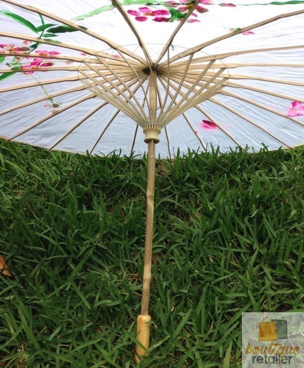 PARASOL UMBRELLA Chinese Japanese Bamboo Flower Pattern Fabric 80cm Diameter - White 4