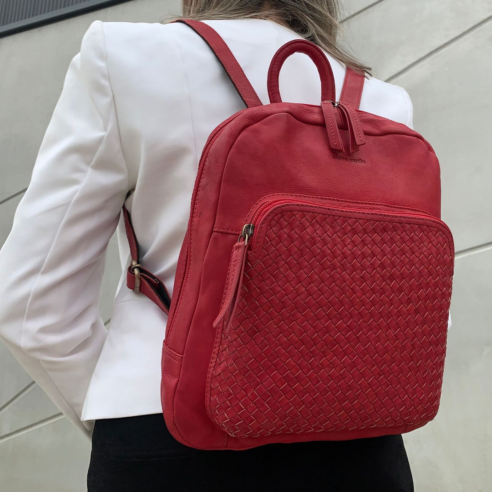 Pierre Cardin Womens Woven Soft Leather Backpack Bag Travel Designer - Red 3