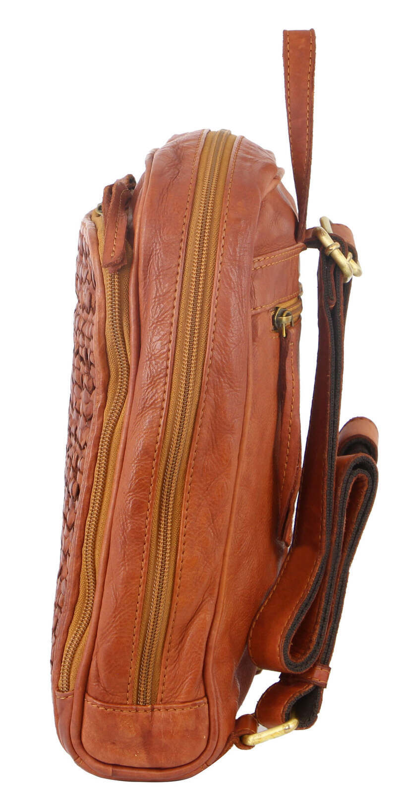 Pierre Cardin Woven Leather Ladies Backpack Bag Travel Satchel Zip - Cognac 4