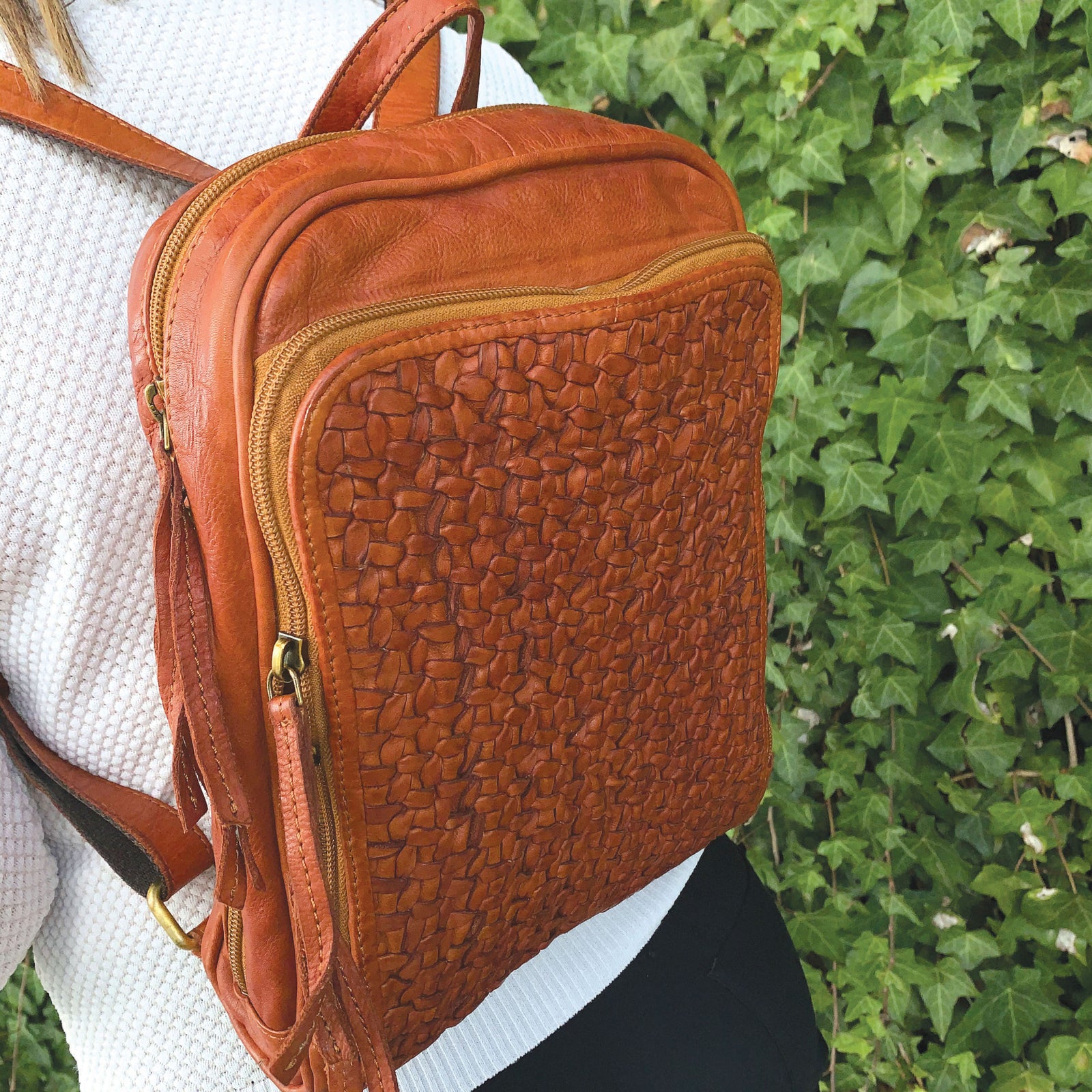 Pierre Cardin Woven Leather Ladies Backpack Bag Travel Satchel Zip - Cognac 5