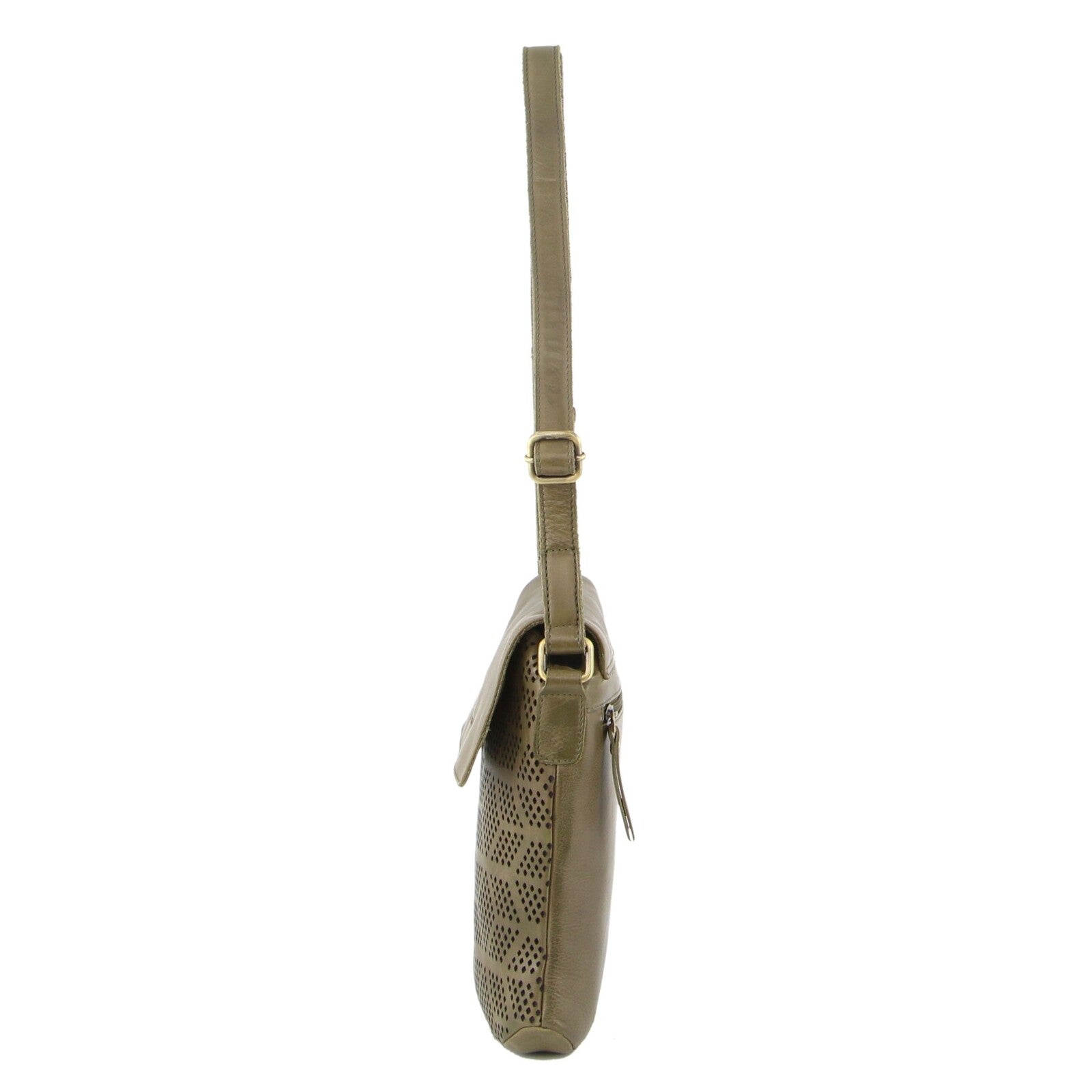 Pierre Cardin Leather Perforated Cross-Body Bag with Flap Closure - Olive 3