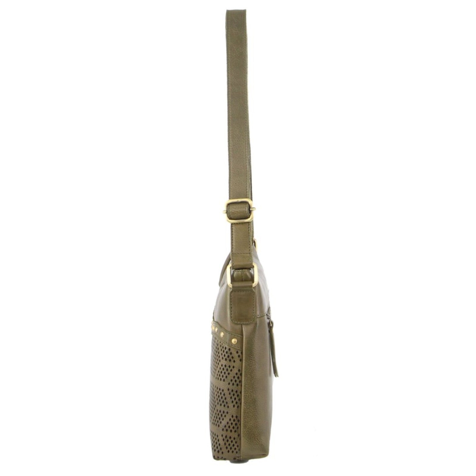 Pierre Cardin Womens Leather Perforated Cross Body Bag w/ Stud Detailing Travel - Olive 3