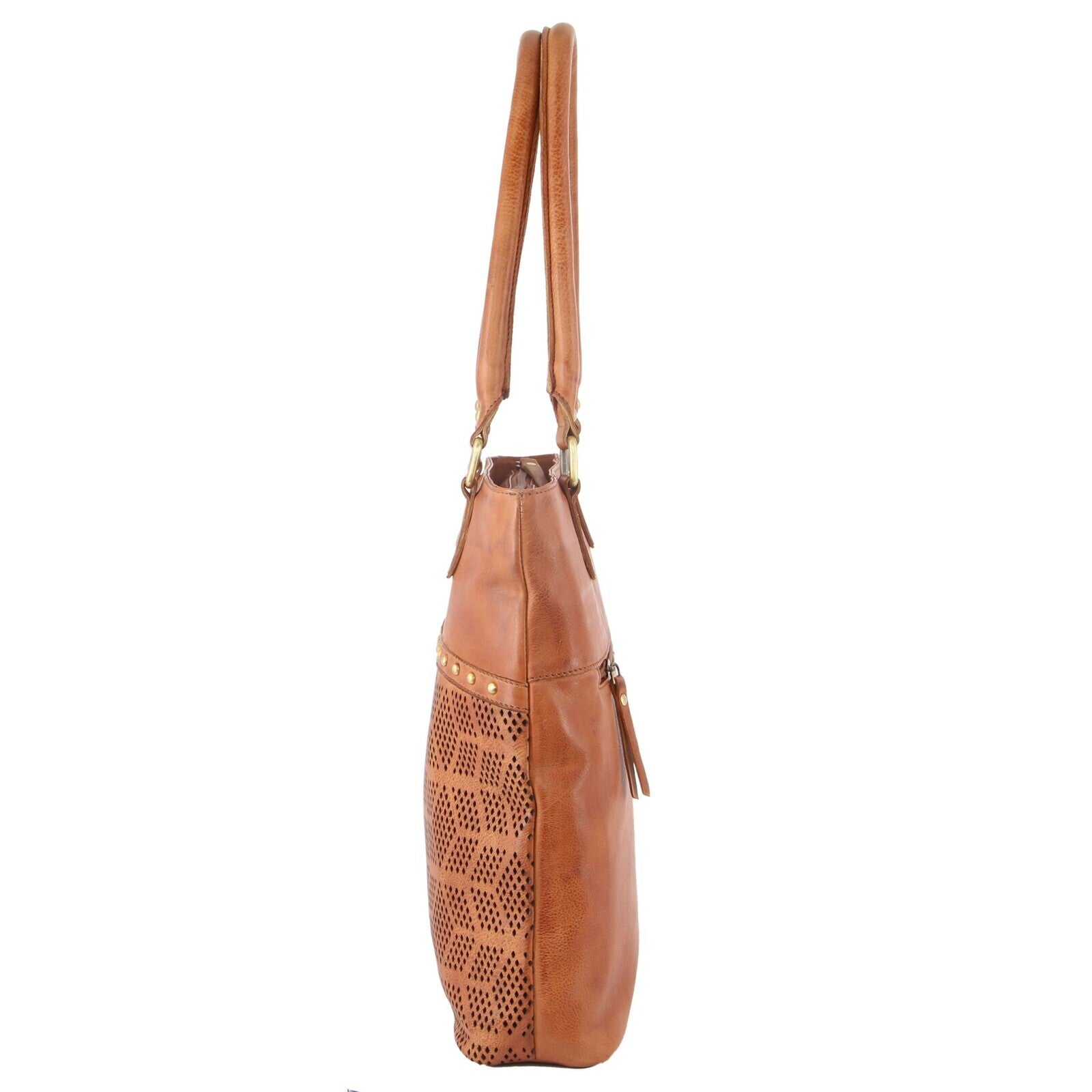 Pierre Cardin Womens Leather Perforated Shoulder Bag with stud Detailing - Cognac 3