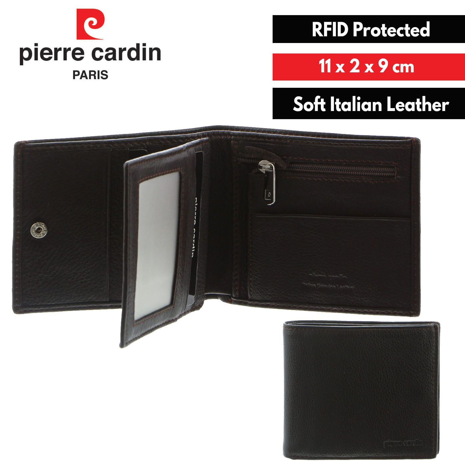 Pierre Cardin Mens Tri Fold Leather Wallet w/ RFID Protection - Brown 4