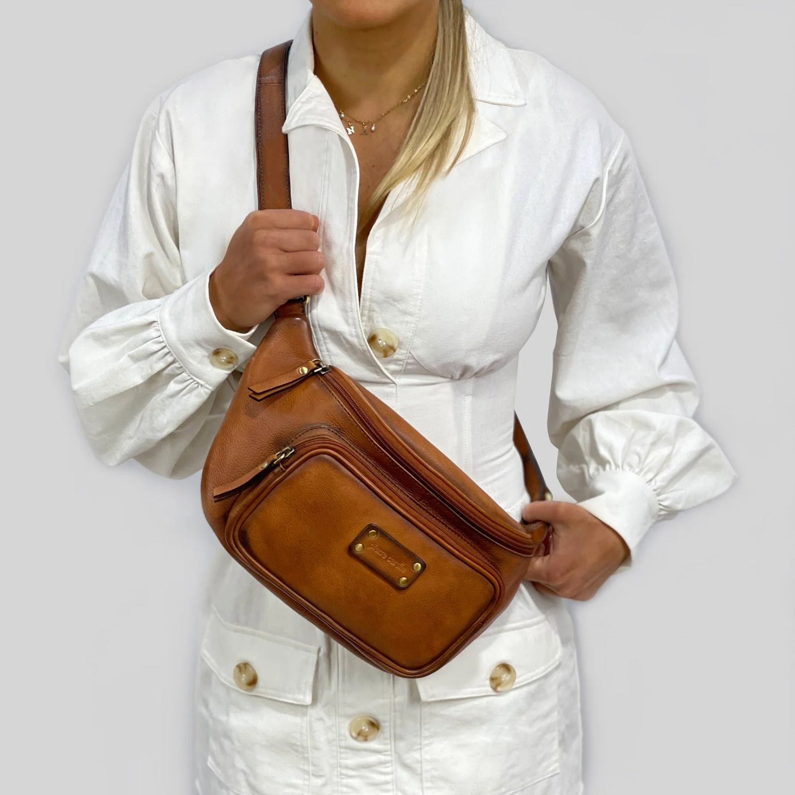 Pierre Cardin Women Sling Bum Bag Leather Crossbody Shoulder Travel Chest - Cognac 3