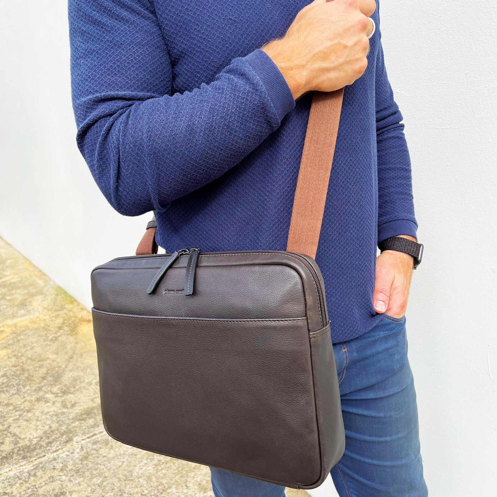Pierre Cardin Mens Leather 13" Laptop Computer Bag - Brown 4