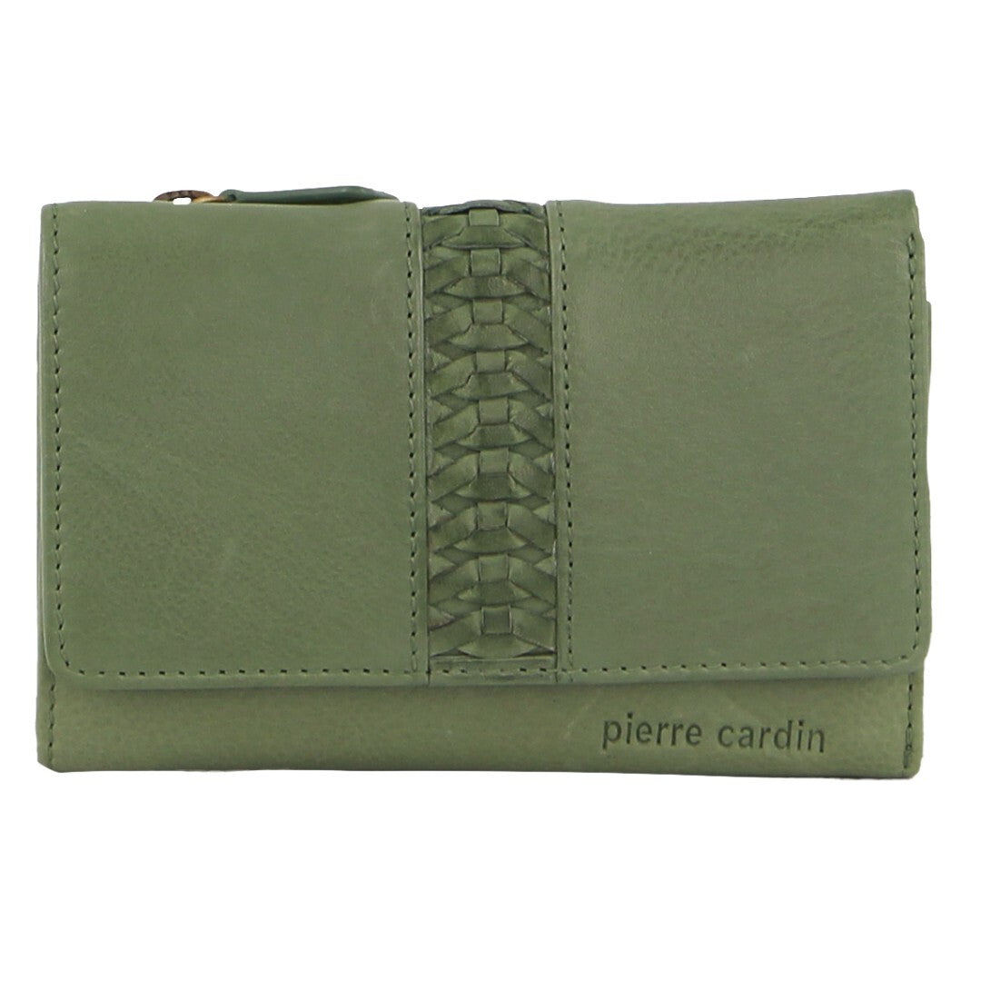 Pierre Cardin Leather Ladies Woven Design Tri-fold Wallet in Leaf Green 3