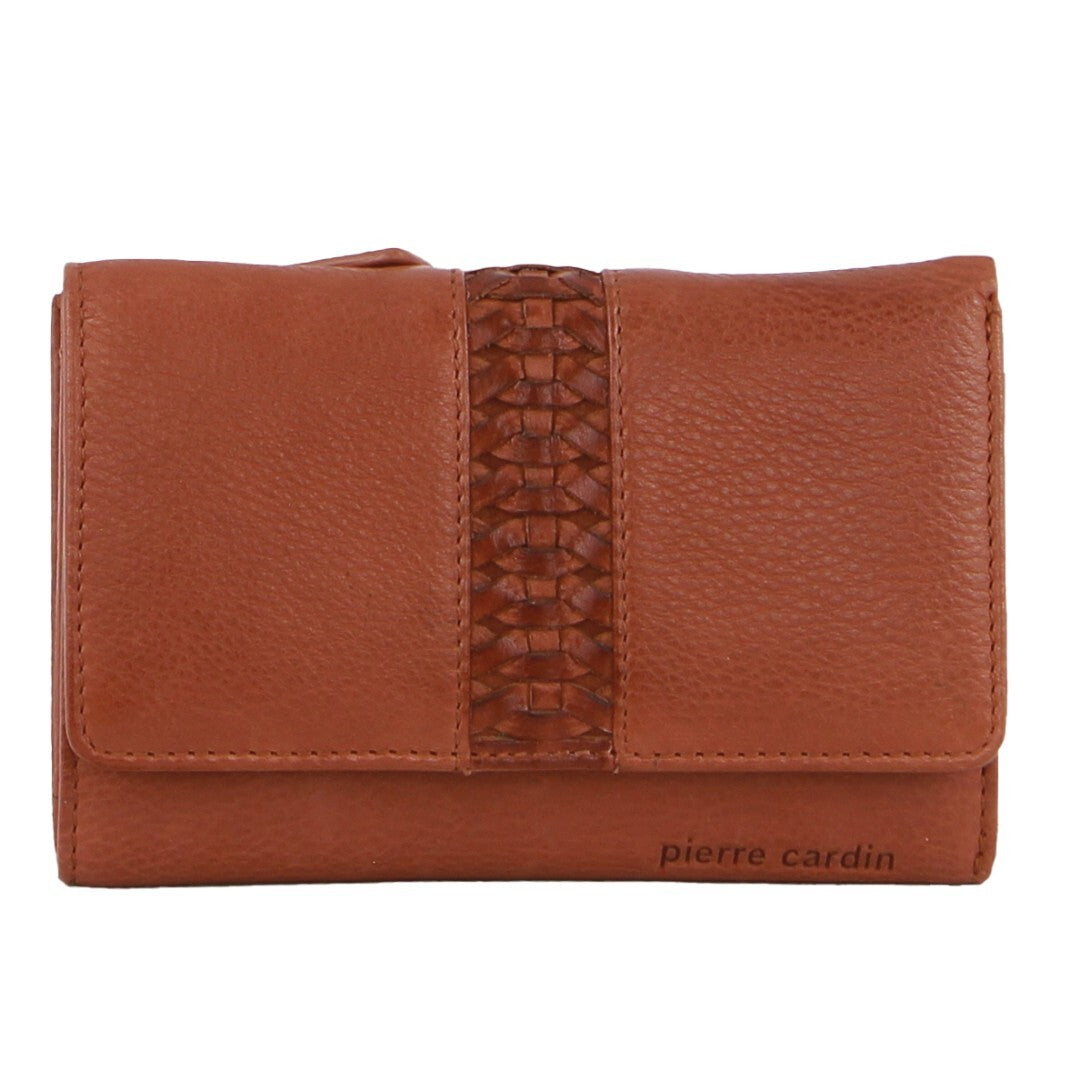 Pierre Cardin Leather Ladies Woven Design Tri-Fold Wallet in Tan 3