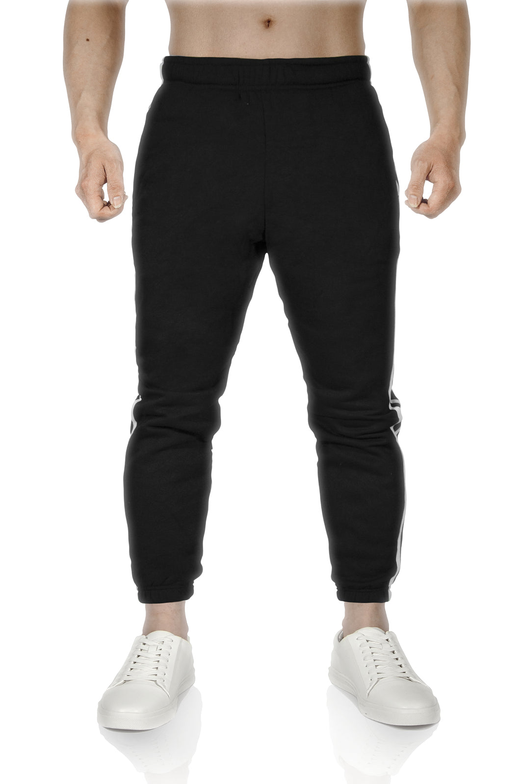 Mens Fleece Skinny Track Pants Jogger Gym Casual Sweat Trackies Warm Trousers - Black/White Stripe - M 4