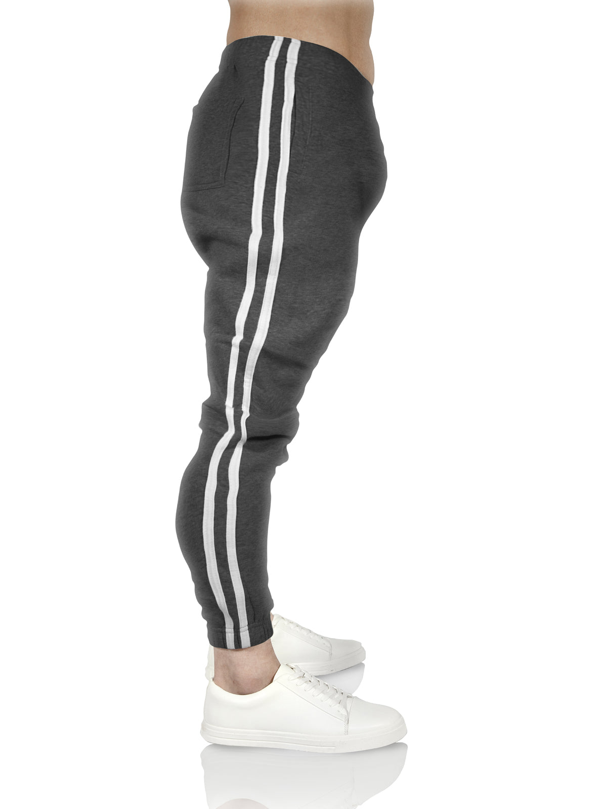 Mens Fleece Skinny Track Pants Jogger Gym Casual Sweat Trackies Warm Trousers - Charcoal Marle/White Stripe - L 5