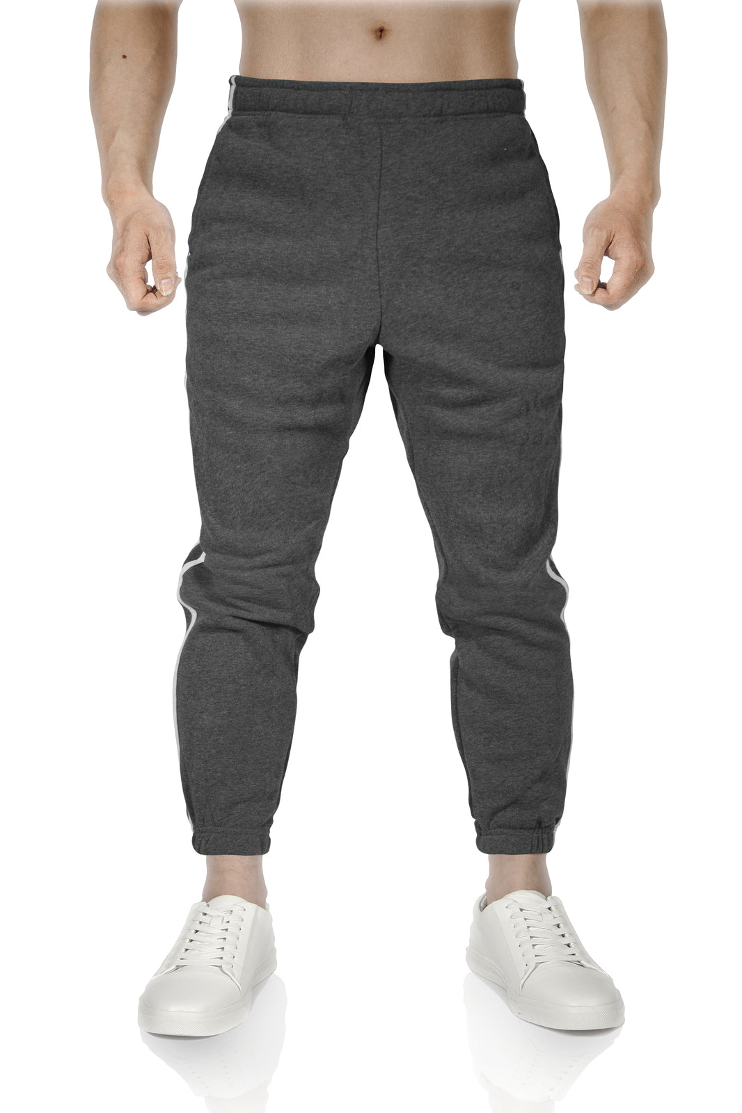 Mens Fleece Skinny Track Pants Jogger Gym Casual Sweat Trackies Warm Trousers - Charcoal Marle/White Stripe - M 4