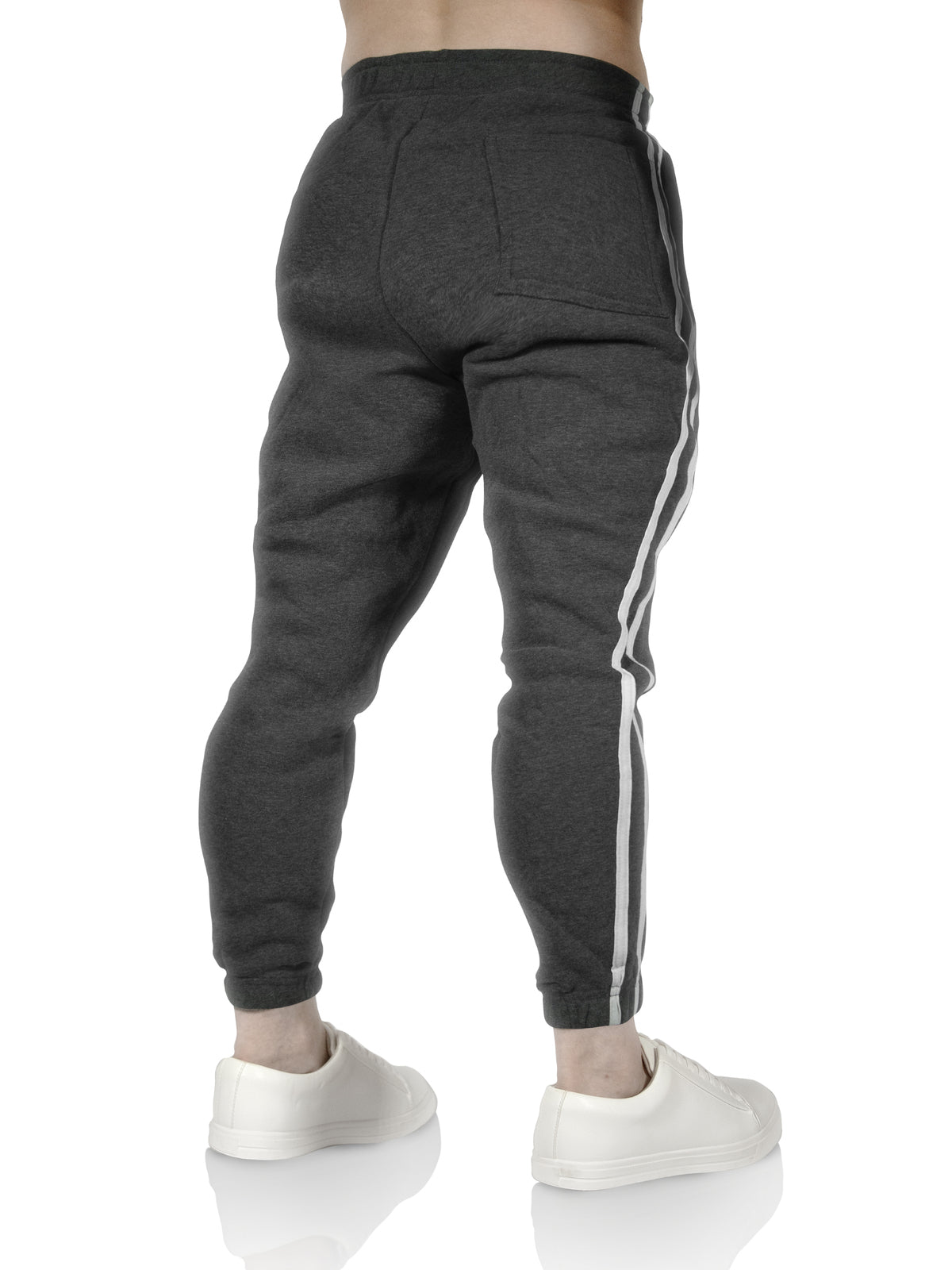 Mens Fleece Skinny Track Pants Jogger Gym Casual Sweat Trackies Warm Trousers - Charcoal Marle/White Stripe - M 6