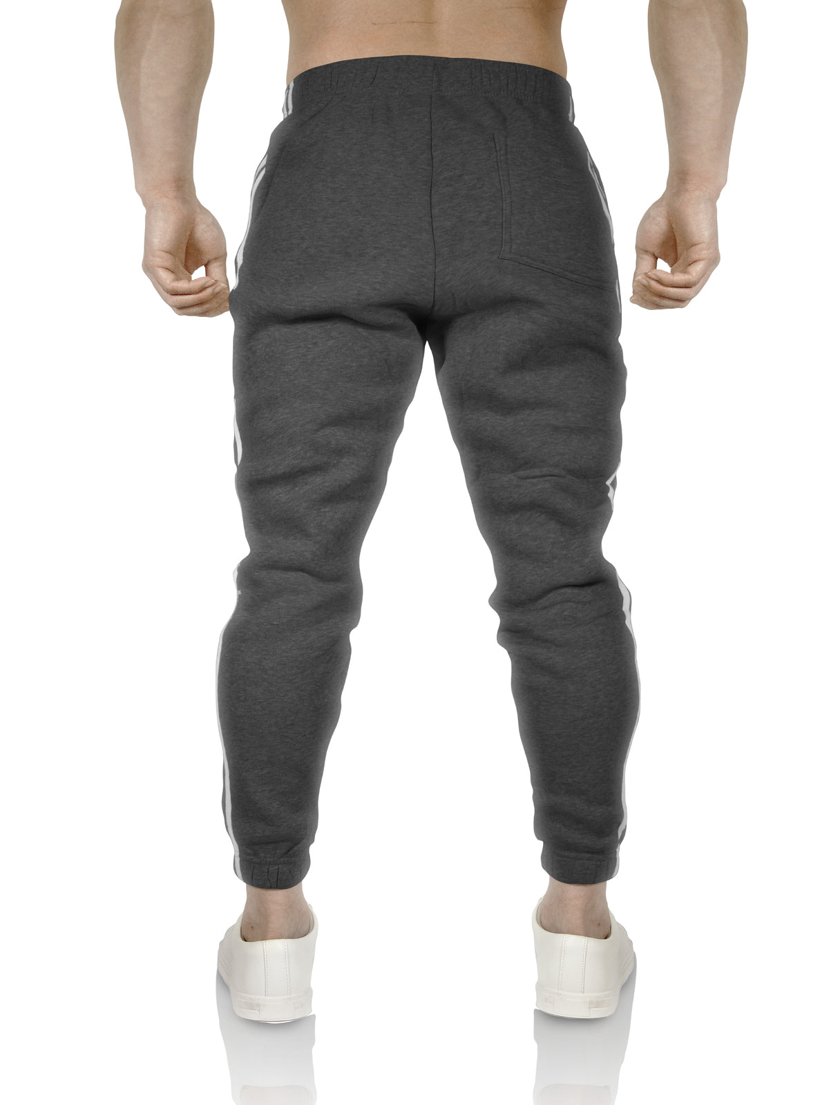 Mens Fleece Skinny Track Pants Jogger Gym Casual Sweat Trackies Warm Trousers - Charcoal Marle/White Stripe - M 7