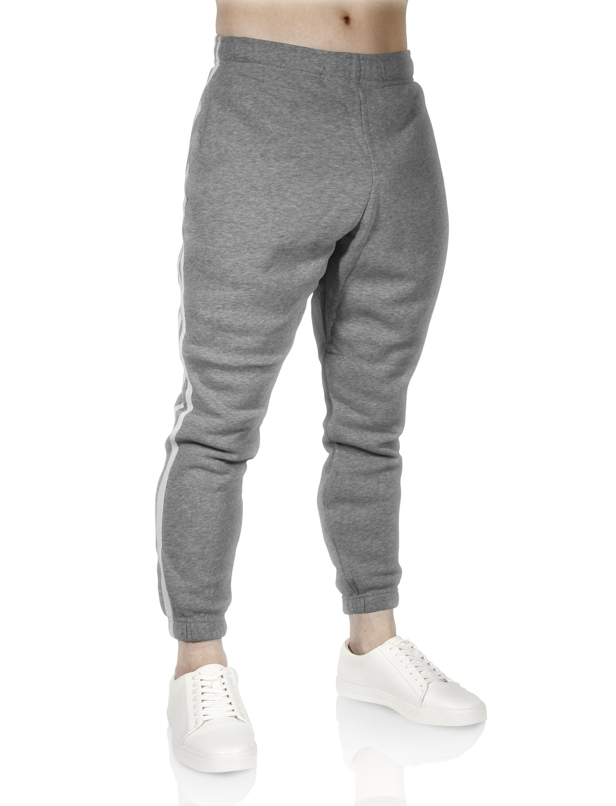 Mens Fleece Skinny Track Pants Jogger Gym Casual Sweat Trackies Warm Trousers - Grey Marle/White Stripe - M 4