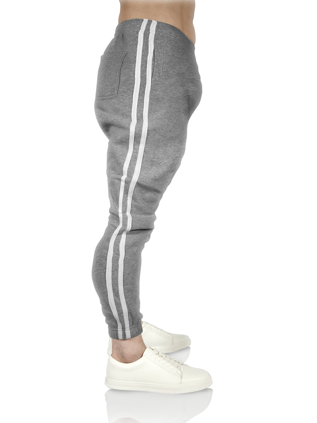 Mens Fleece Skinny Track Pants Jogger Gym Casual Sweat Trackies Warm Trousers - Grey Marle/White Stripe - M 5
