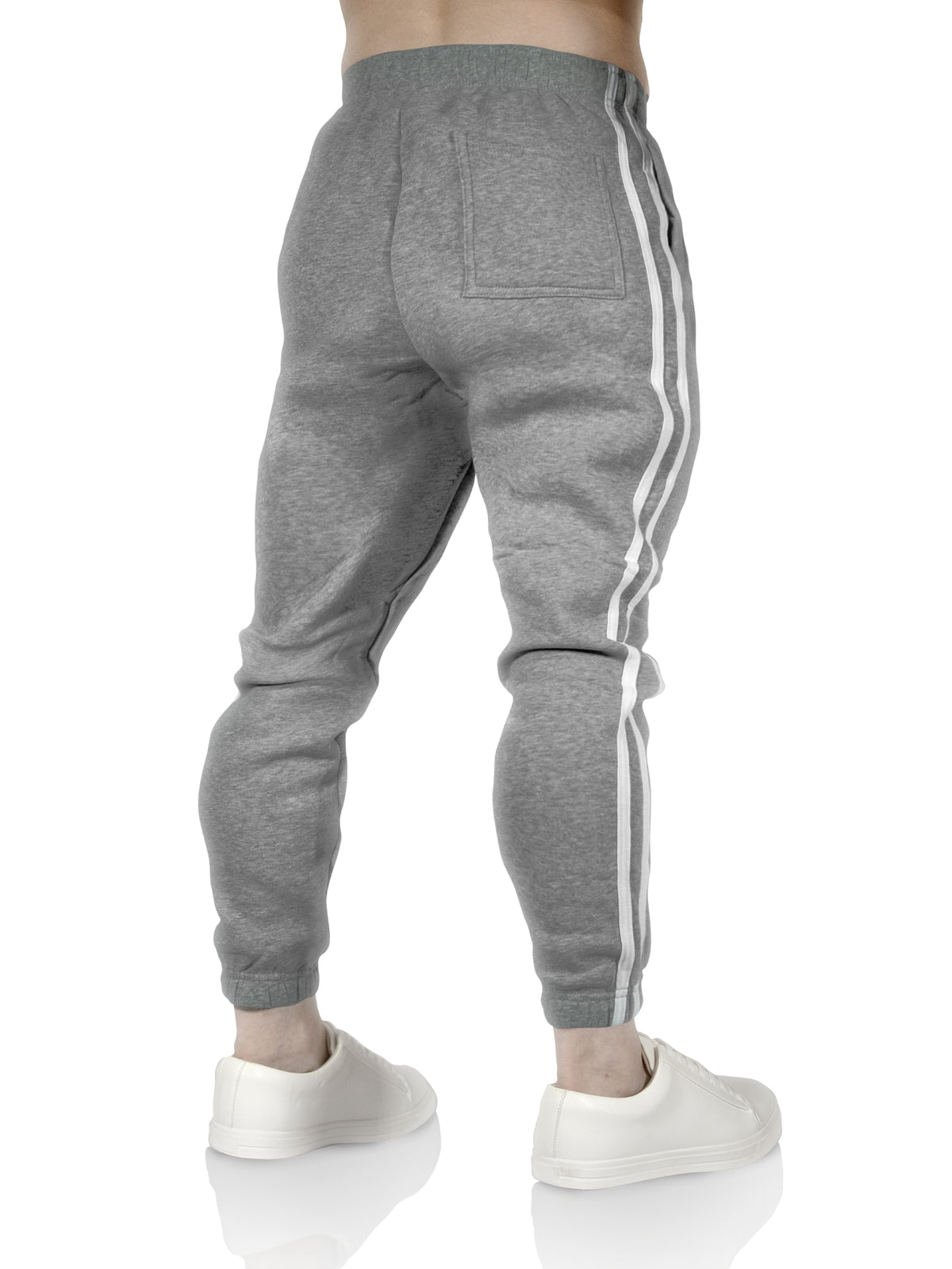 Mens Fleece Skinny Track Pants Jogger Gym Casual Sweat Trackies Warm Trousers - Grey Marle/White Stripe - M 6