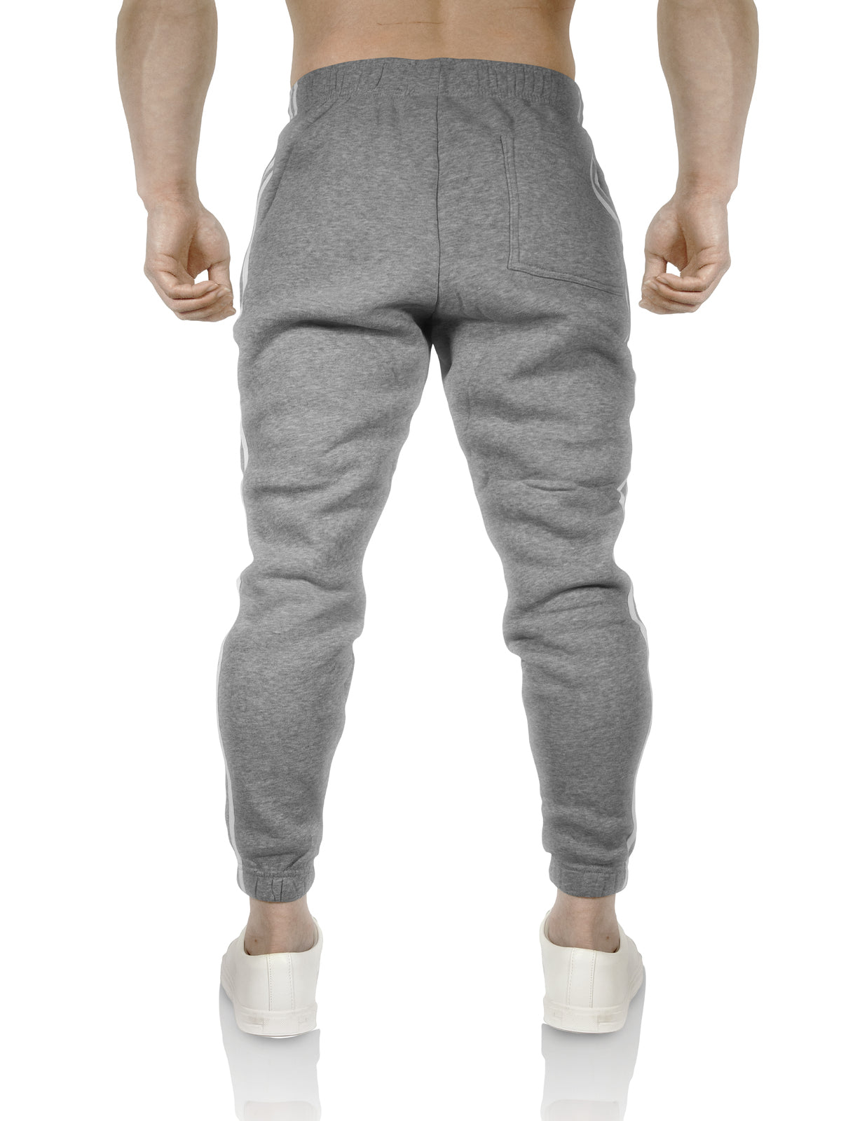 Mens Fleece Skinny Track Pants Jogger Gym Casual Sweat Trackies Warm Trousers - Grey Marle/White Stripe - M 7