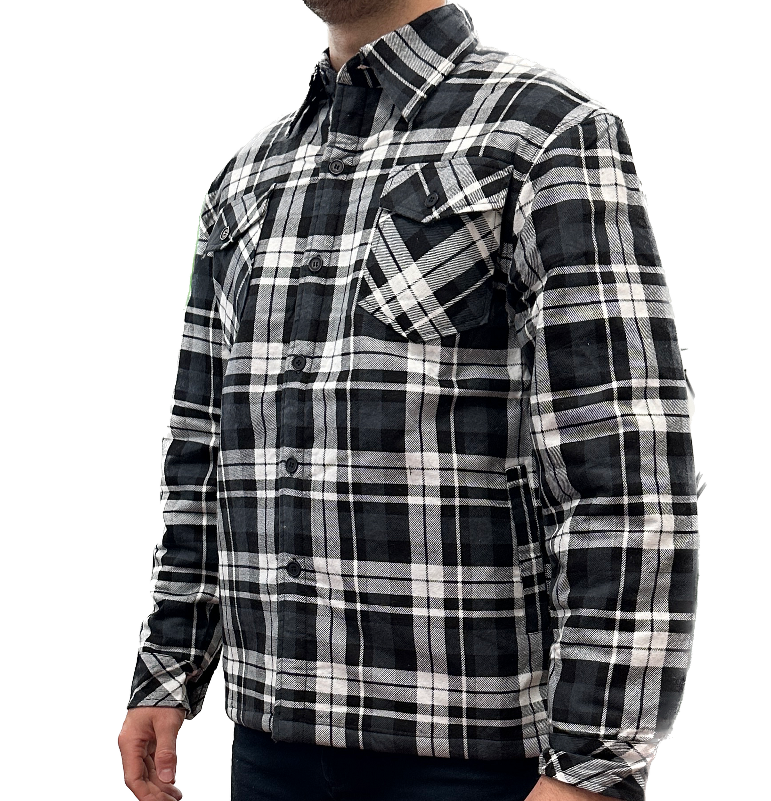 Mens QUILTED FLANNELETTE SHIRT 100% COTTON Flannel Jacket Padded Long Sleeve - Black/Charcoal/White (Quilted) - S 4