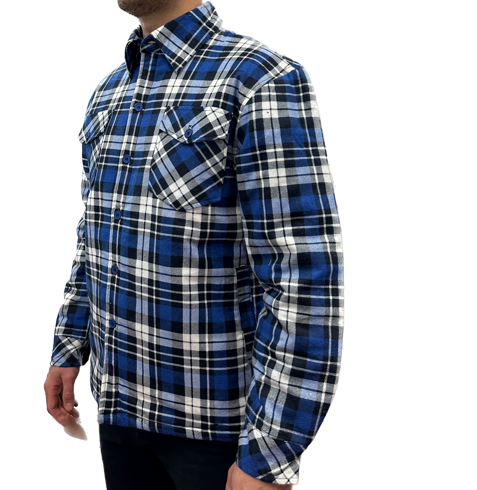 Mens QUILTED FLANNELETTE SHIRT 100% COTTON Flannel Jacket Padded Long Sleeve - Black/Navy/White (Quilted) - S 4
