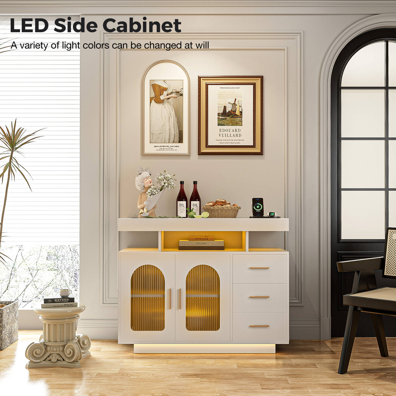 Buffet Sideboard Cabinet With RGB LED Light and Charging Station Console Coffee Bar White 4