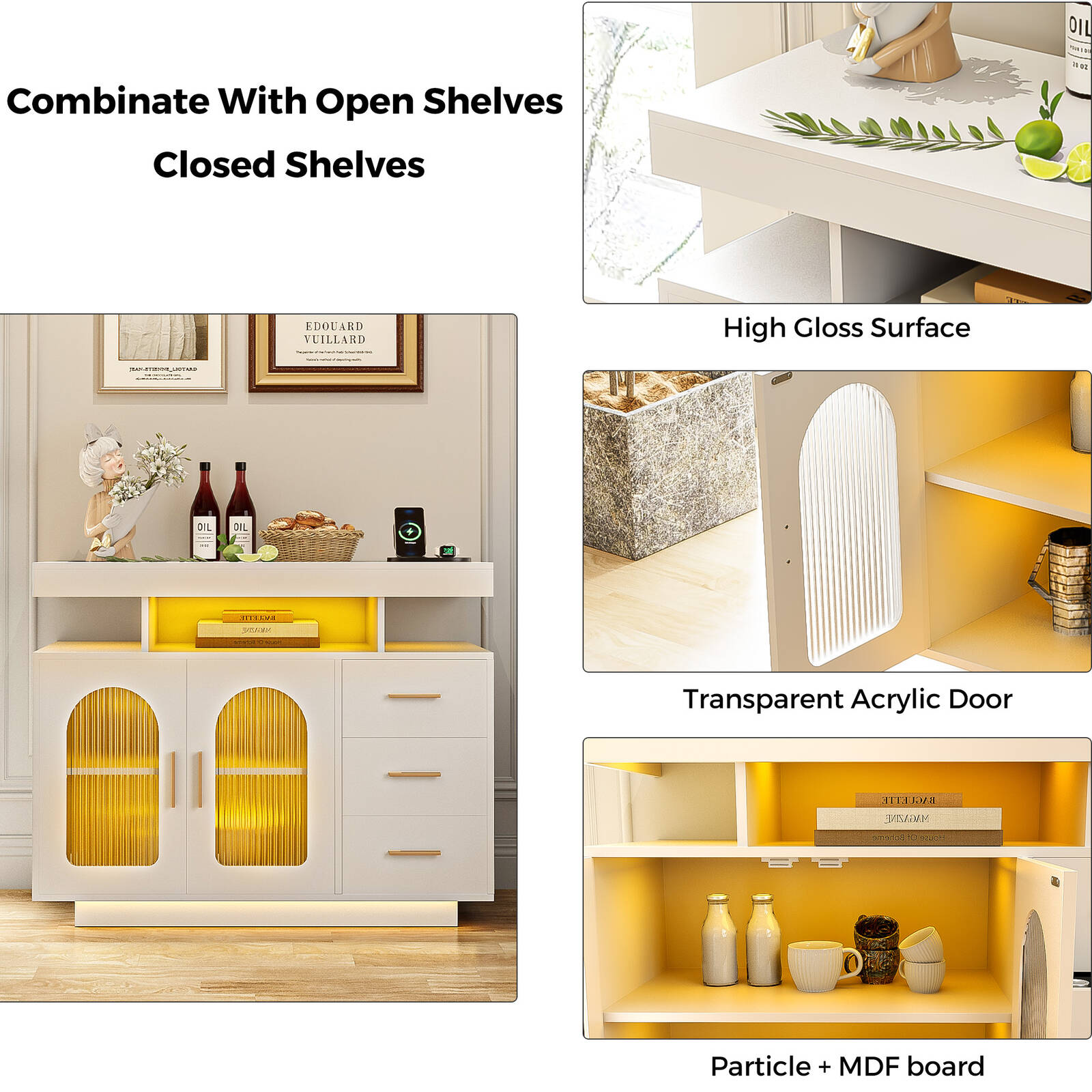 Buffet Sideboard Cabinet With RGB LED Light and Charging Station Console Coffee Bar White 5