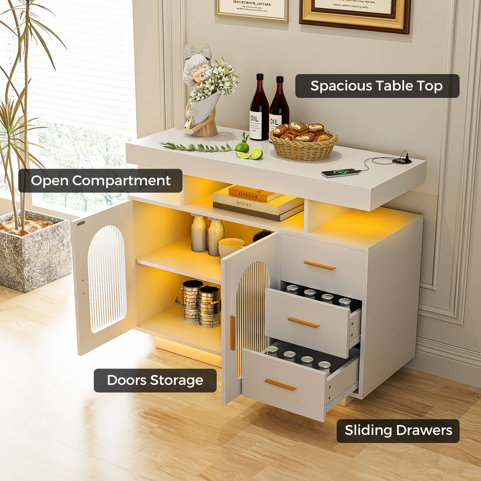 Buffet Sideboard Cabinet With RGB LED Light and Charging Station Console Coffee Bar White 8