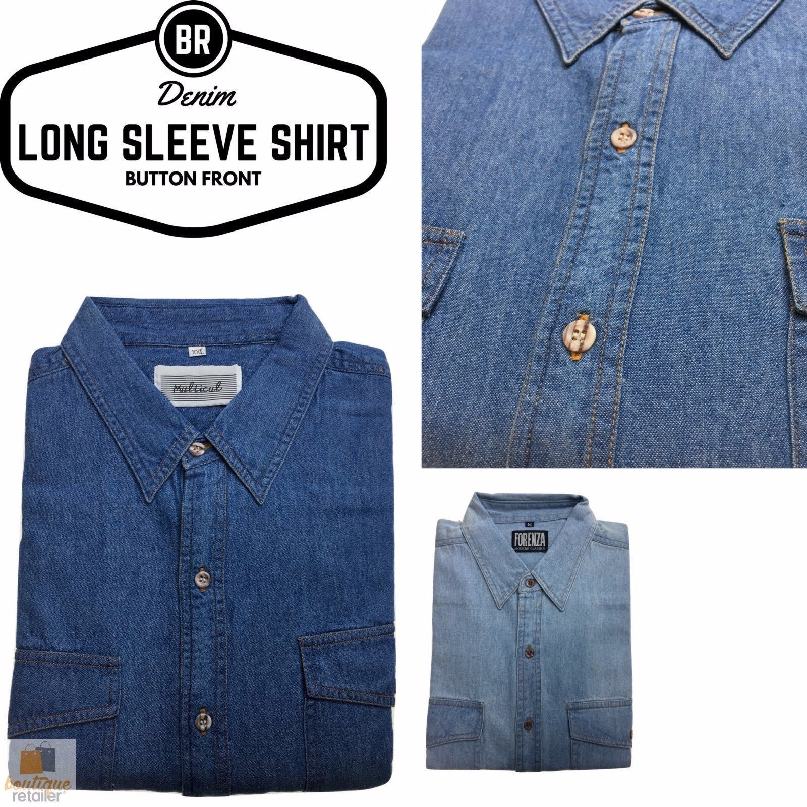 Denim Long Sleeve Jean Shirt Buttoned Front Casual Soft Top 100% COTTON - XL 9