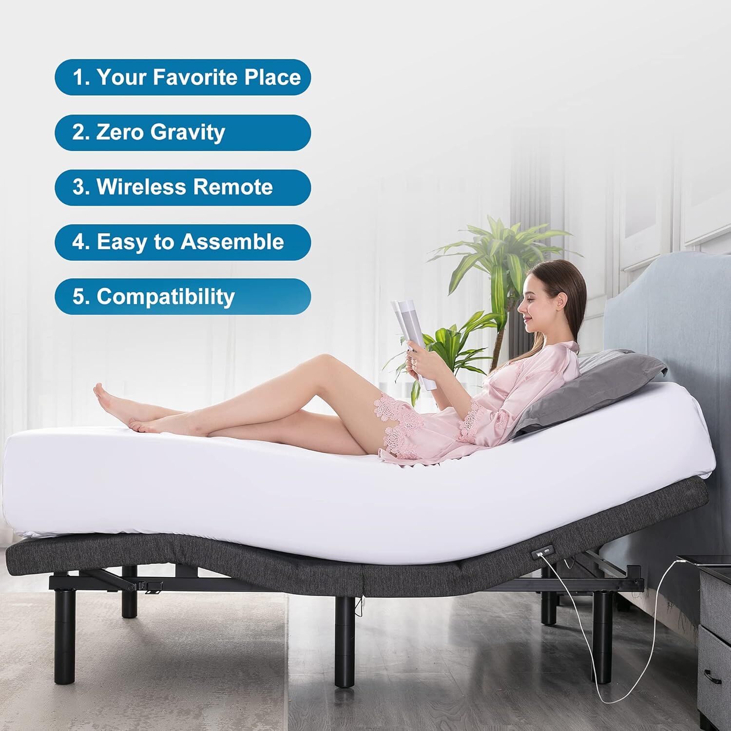 S*MAX Queen Adjustable Zero Gravity Bed Frame with Dual Motors Wireless Remote & USB Ports 5