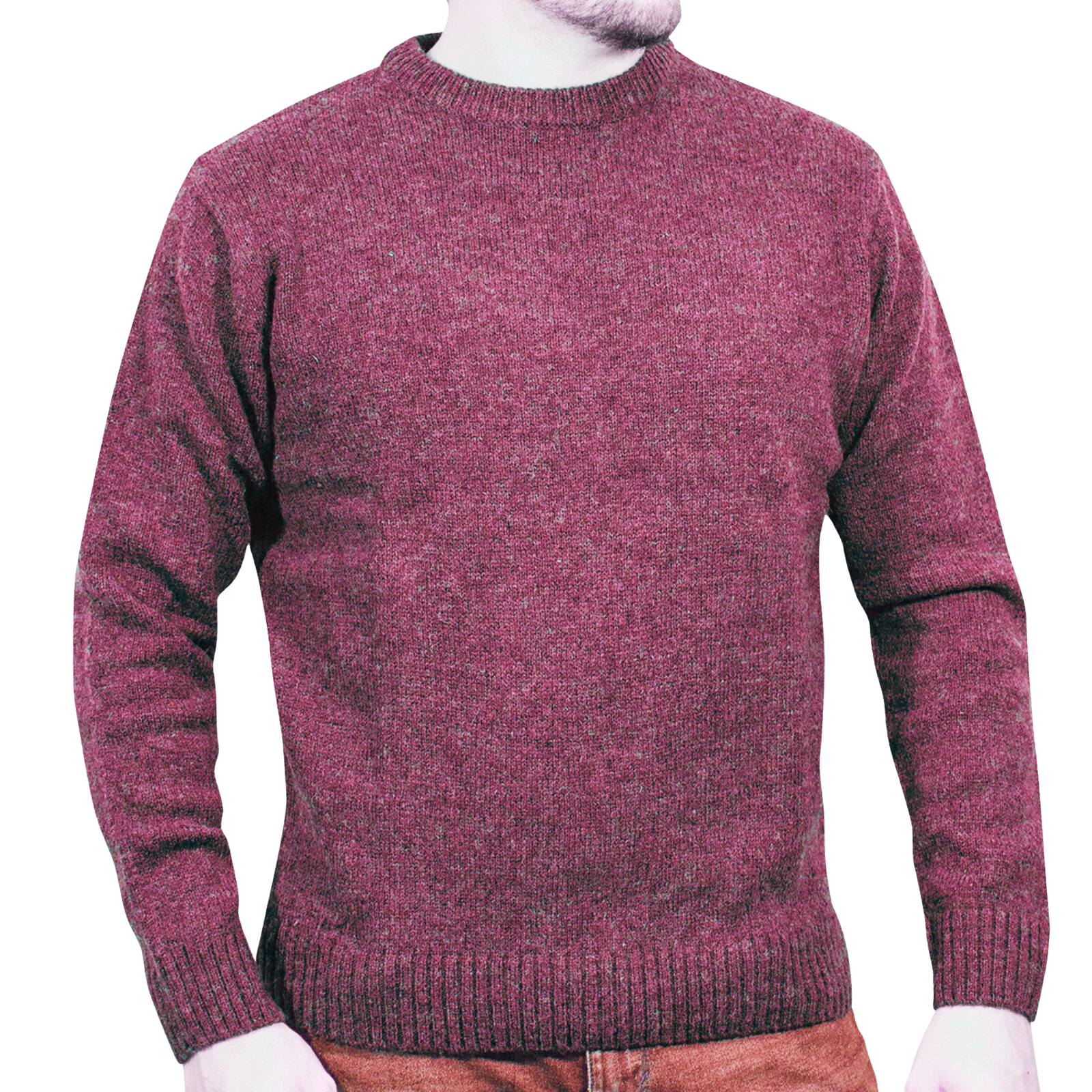 100% SHETLAND RAGG WOOL CREW Round Neck Knit JUMPER Pullover Mens Sweater Knitted - Burgundy - 4XL 5