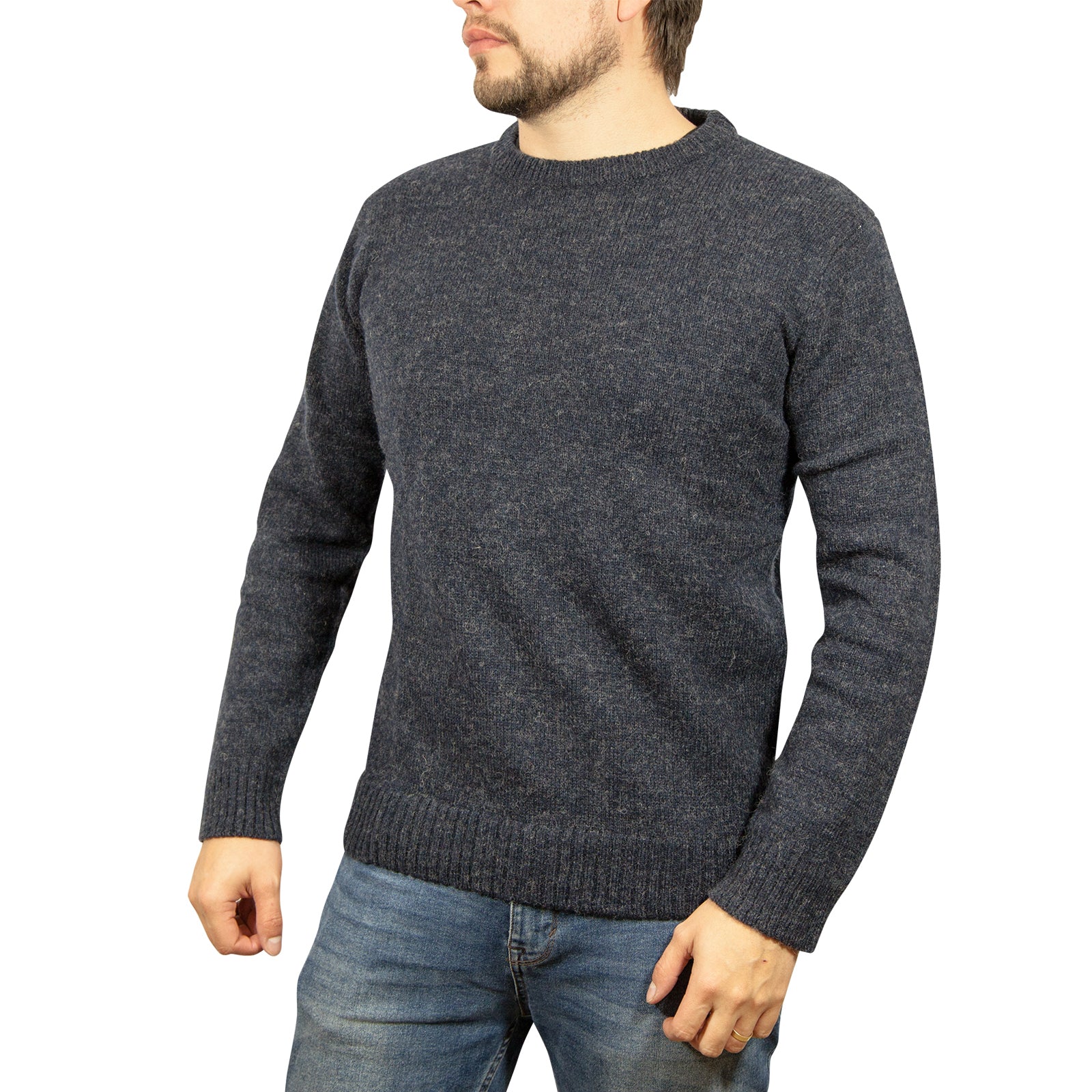 100% SHETLAND RAGG WOOL CREW Round Neck Knit JUMPER Pullover Mens Sweater Knitted - Navy - 4XL