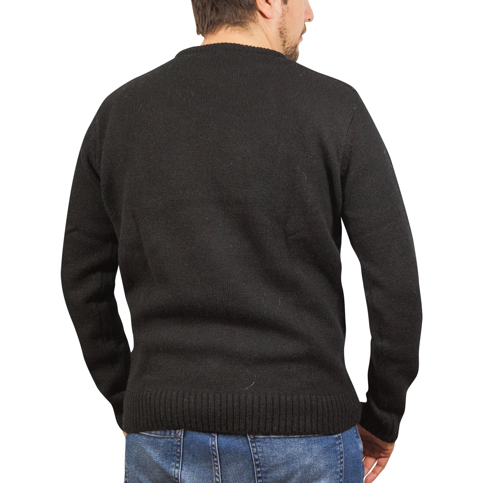 100% SHETLAND RAGG WOOL CREW Round Neck Knit JUMPER Pullover Mens Sweater Knitted - Plain Black - XXL 4
