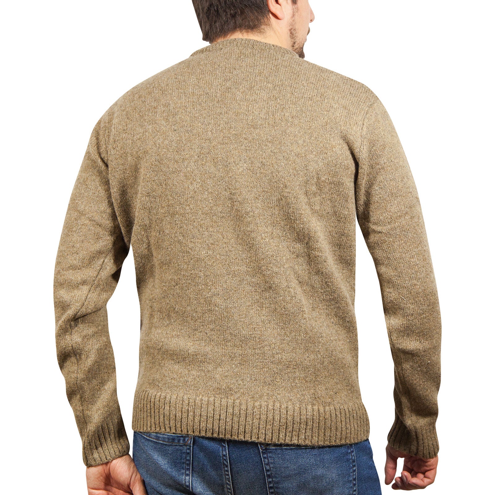 100% SHETLAND RAGG WOOL CREW Round Neck Knit JUMPER Pullover Mens Sweater Knitted - Nutmeg - 4XL 4