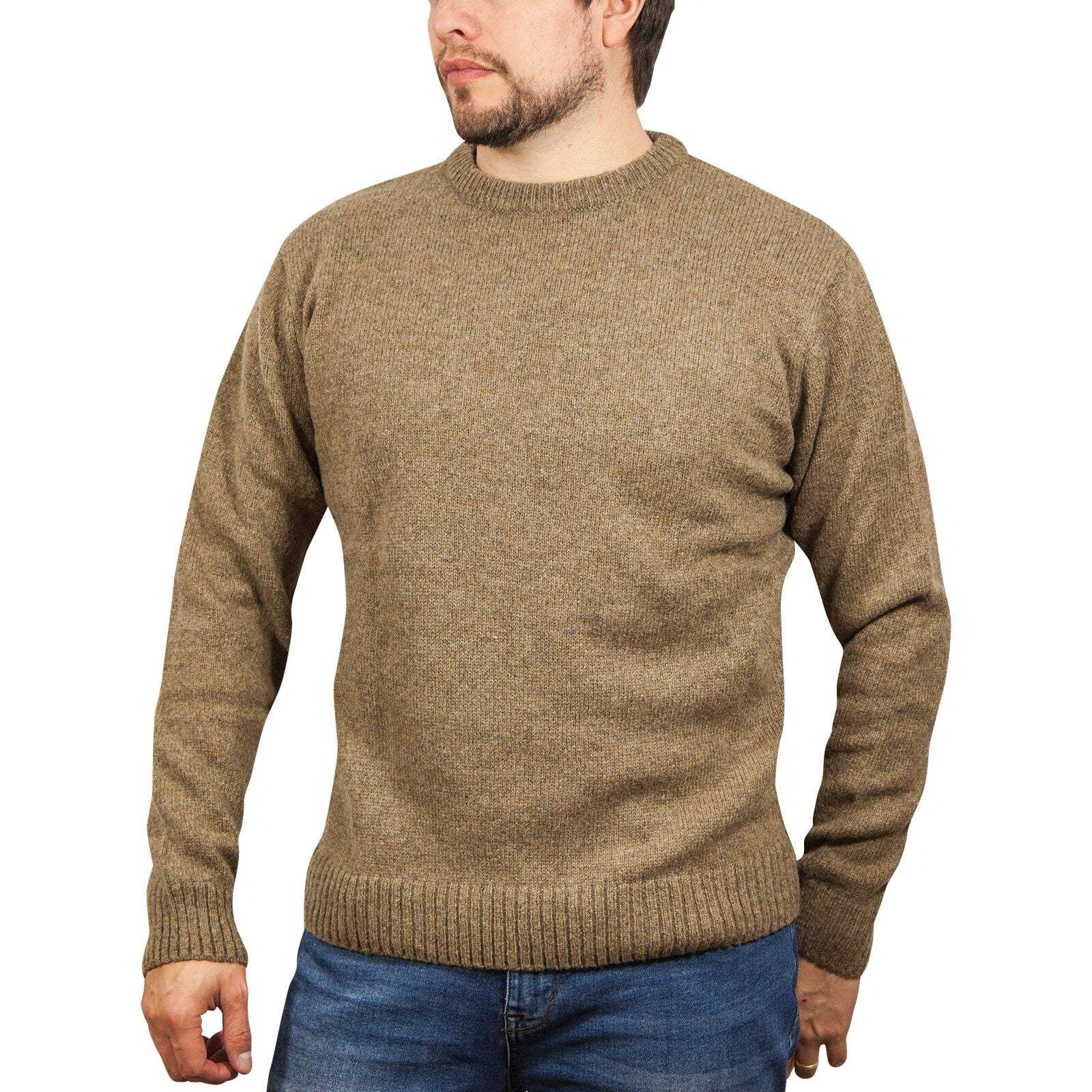 100% SHETLAND RAGG WOOL CREW Round Neck Knit JUMPER Pullover Mens Sweater Knitted - Nutmeg - S