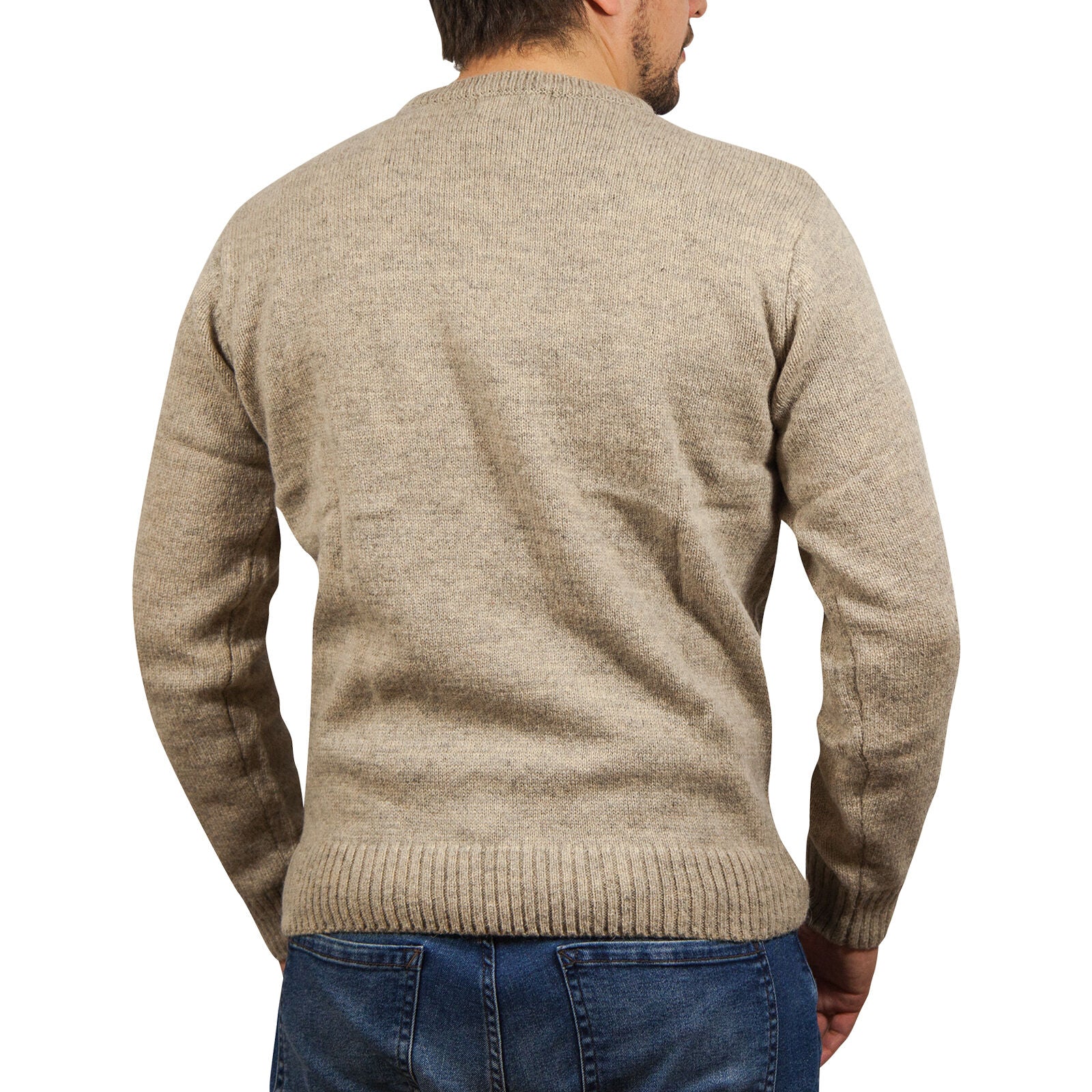 100% SHETLAND RAGG WOOL CREW Round Neck Knit JUMPER Pullover Mens Sweater Knitted - Beige - 5XL 4