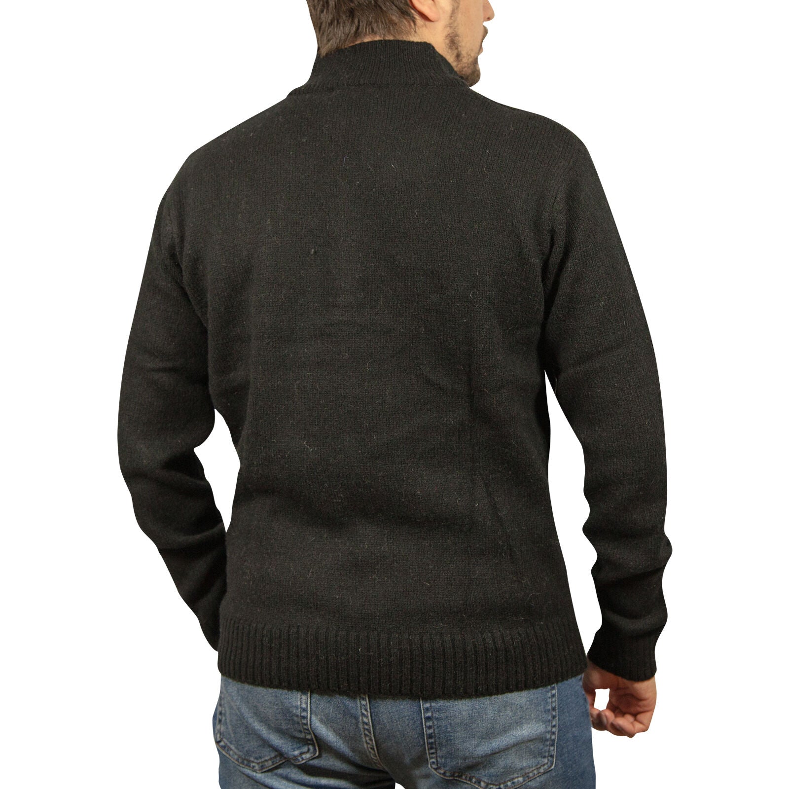 100% SHETLAND RAGG WOOL Half Zip Up Knit JUMPER Pullover Mens Sweater Knitted - Plain Black - 4XL 7