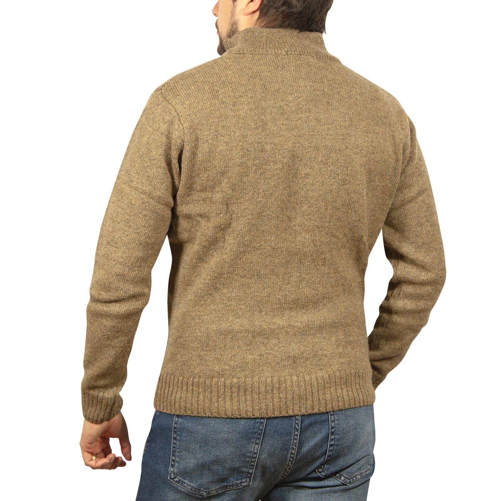 100% SHETLAND RAGG WOOL Half Zip Up Knit JUMPER Pullover Mens Sweater Knitted - Nutmeg - 4XL 3
