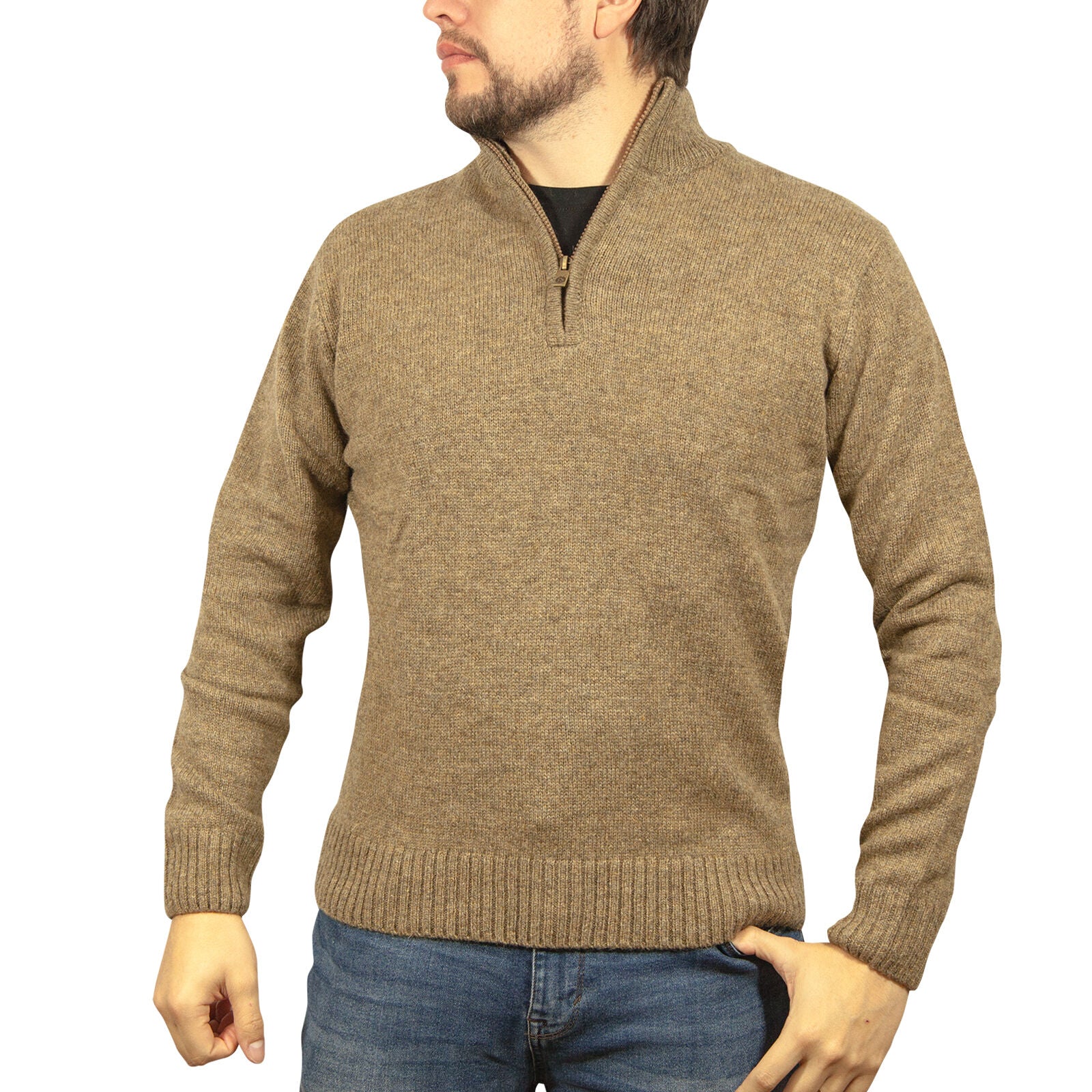 100% SHETLAND RAGG WOOL Half Zip Up Knit JUMPER Pullover Mens Sweater Knitted - Nutmeg - 5XL