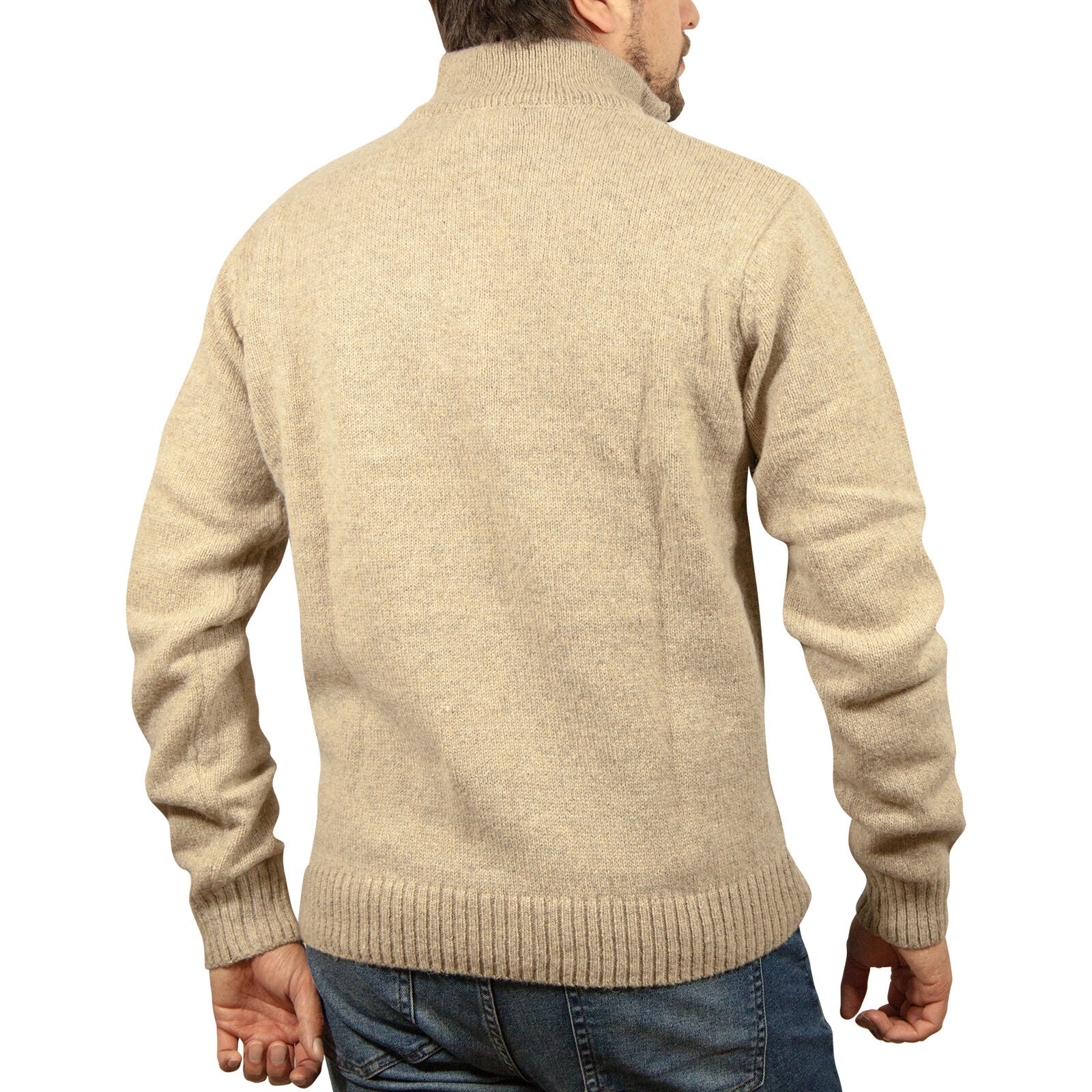 100% SHETLAND RAGG WOOL Half Zip Up Knit JUMPER Pullover Mens Sweater Knitted - Oat Marle - 3XL 4
