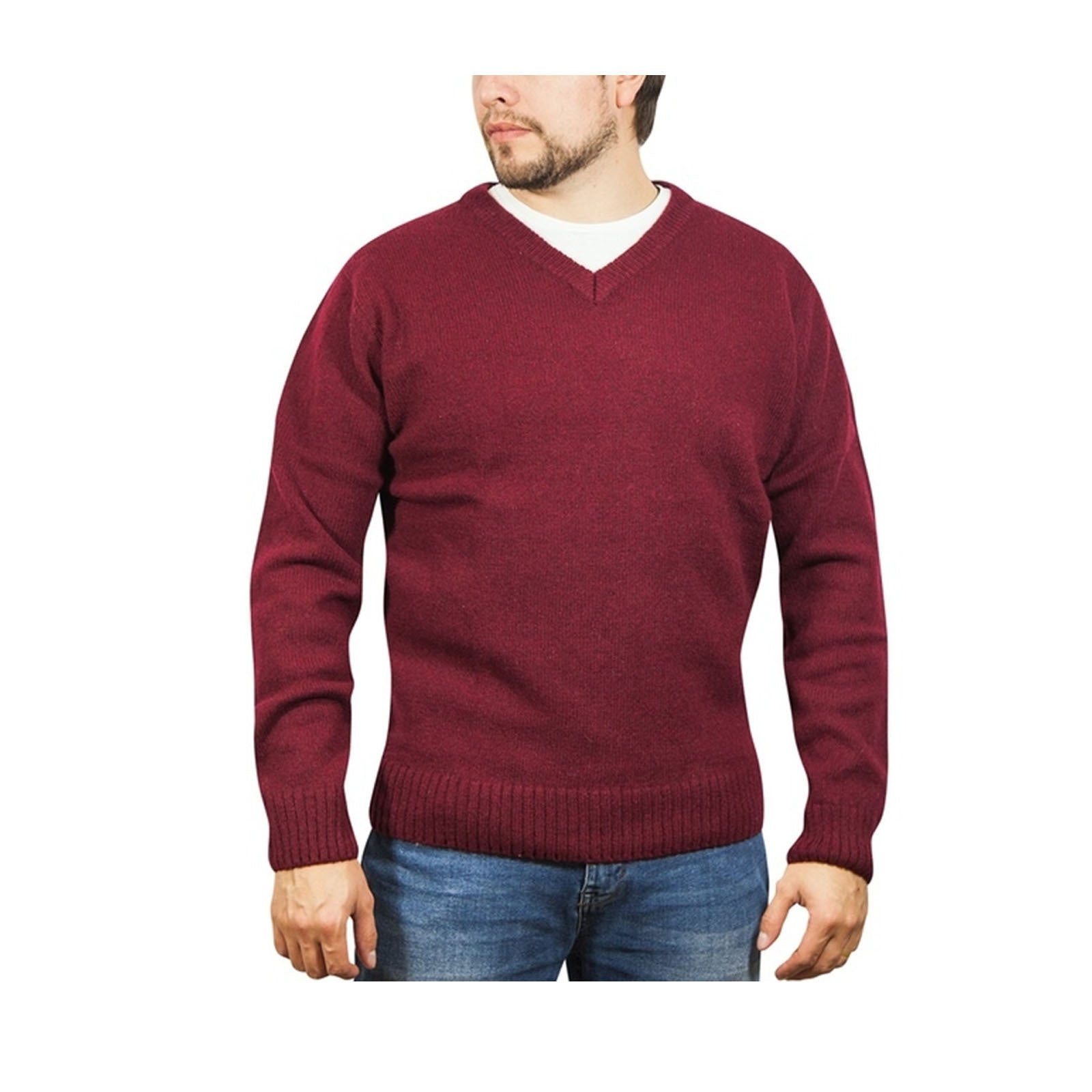 100% Shetland Ragg Wool V Neck Knit Jumper Pullover Mens Sweater Knitted - Burgundy - 3XL