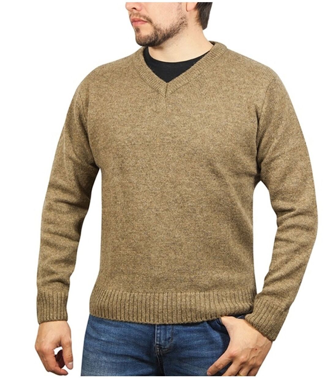 100% Shetland Ragg Wool V Neck Knit Jumper Pullover Mens Sweater Knitted - Nutmeg - XXL