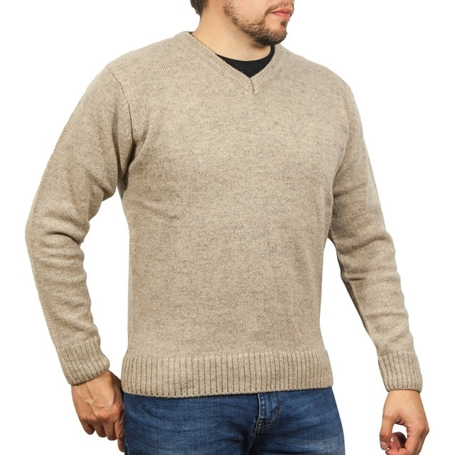 100% Shetland Ragg Wool V Neck Knit Jumper Pullover Mens Sweater Knitted - Oat Marle - 6XL