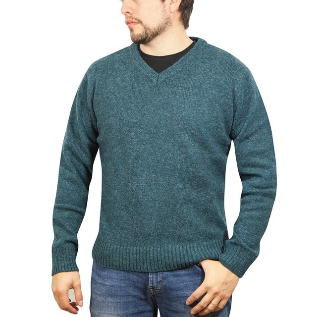 100% Shetland Ragg Wool V Neck Knit Jumper Pullover Mens Sweater Knitted - Sherwood - 3XL