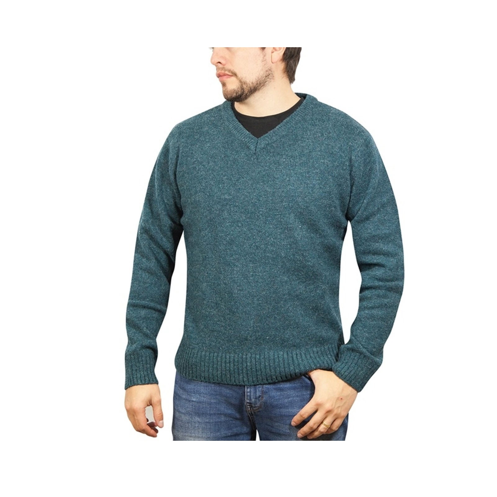 100% Shetland Ragg Wool V Neck Knit Jumper Pullover Mens Sweater Knitted - Sherwood - XXL