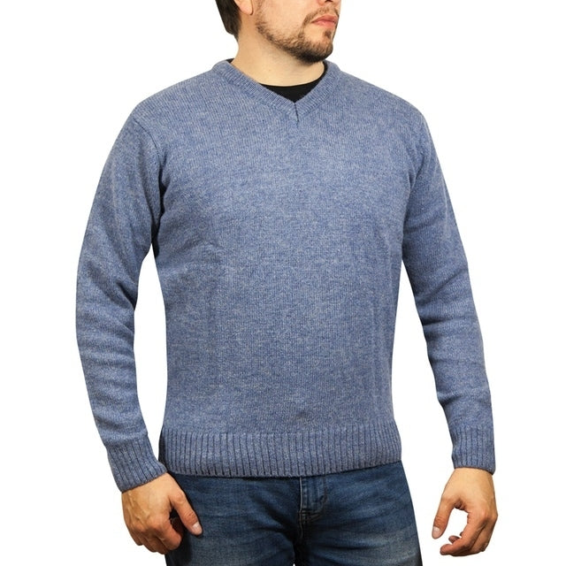 100% Shetland Ragg Wool V Neck Knit Jumper Pullover Mens Sweater Knitted - Sky - L