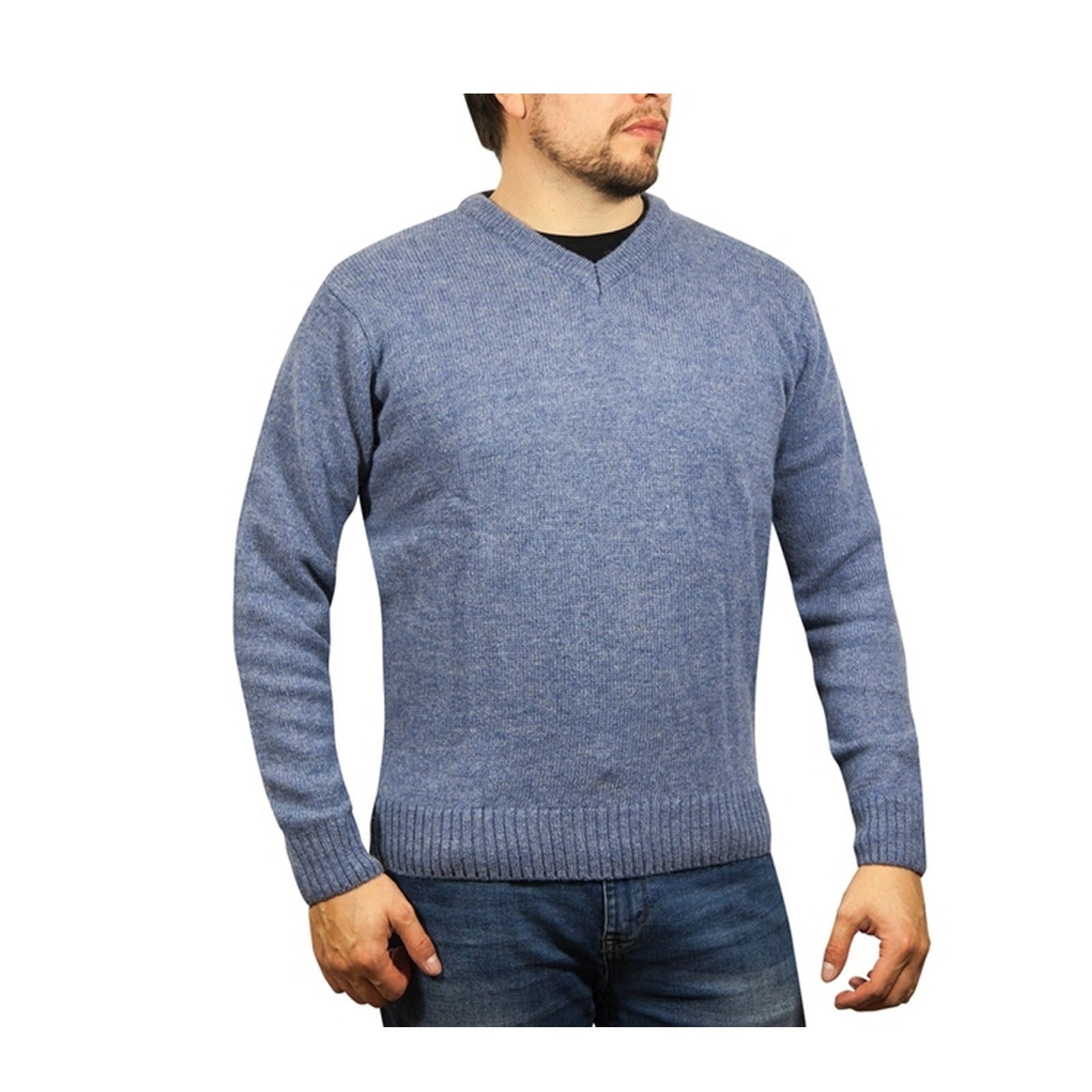 100% Shetland Ragg Wool V Neck Knit Jumper Pullover Mens Sweater Knitted - Sky - XXL