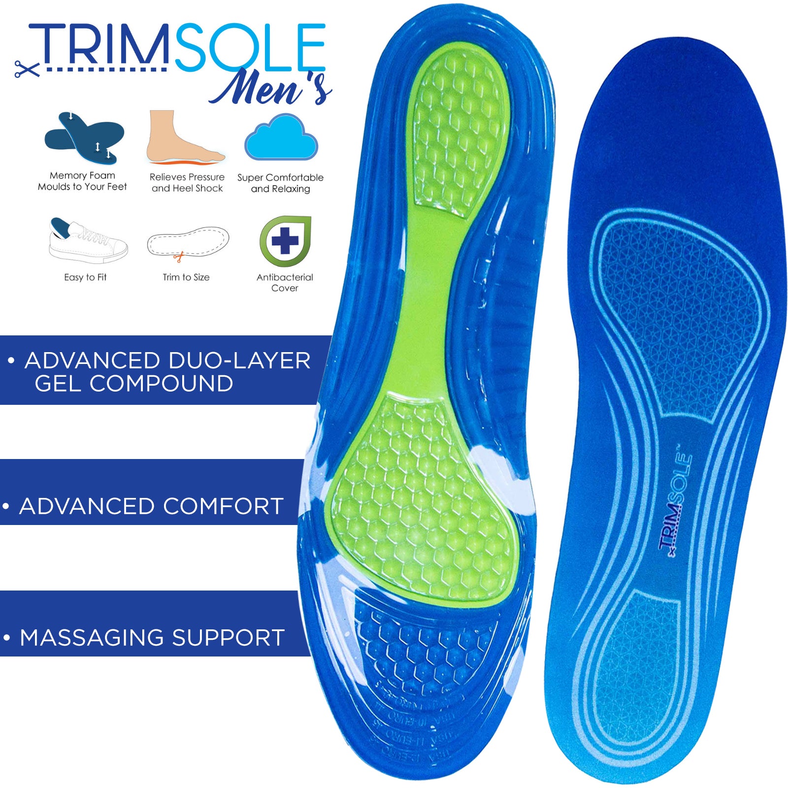 TRIMSOLE Mens Gel Advanced Insoles Silicone Antibacterial Inserts Pads Massage 4